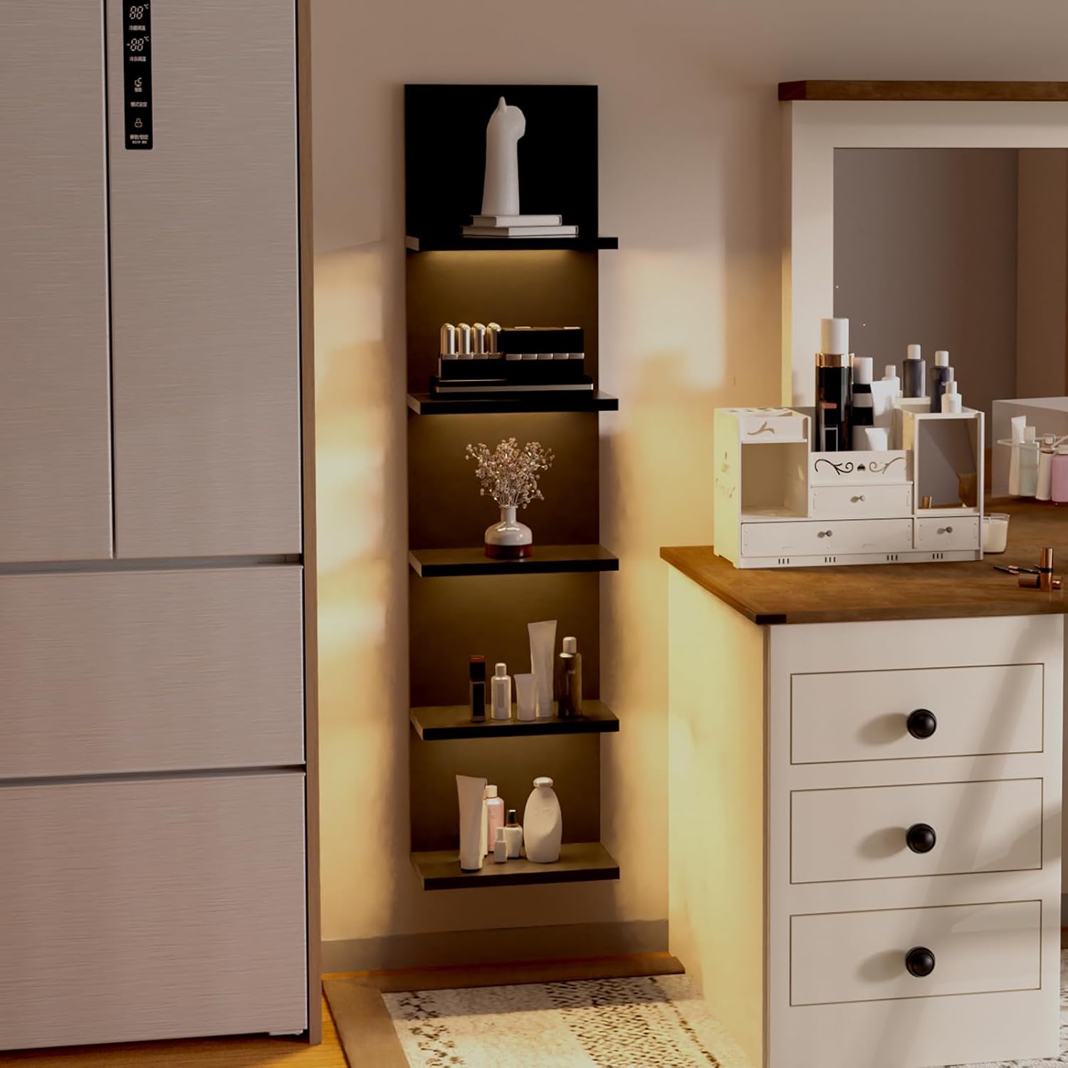 Homaterial 5 Tier Wall Shelf Unit, Black Modern Vertical Lack Wall Shelves with Light, Wall Mount, Floating Column Home Decor Shelves for Bedroom, Living Room, Vanity Storage Display