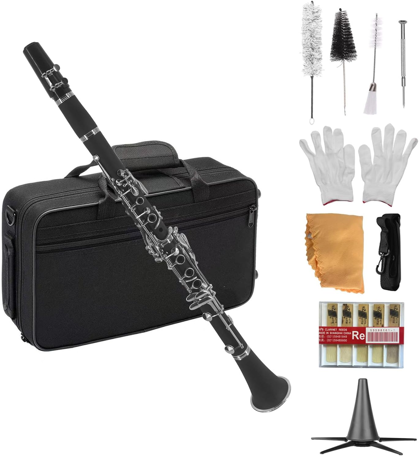 Bb Clarinet ABS Binocular With 10 Reeds, Cleaning Cloth, Gloves, Screwdriver, Bracket, Handbag, Cleaning Brush - Professional Ebonite Woodwind Instrument for Beginner Student