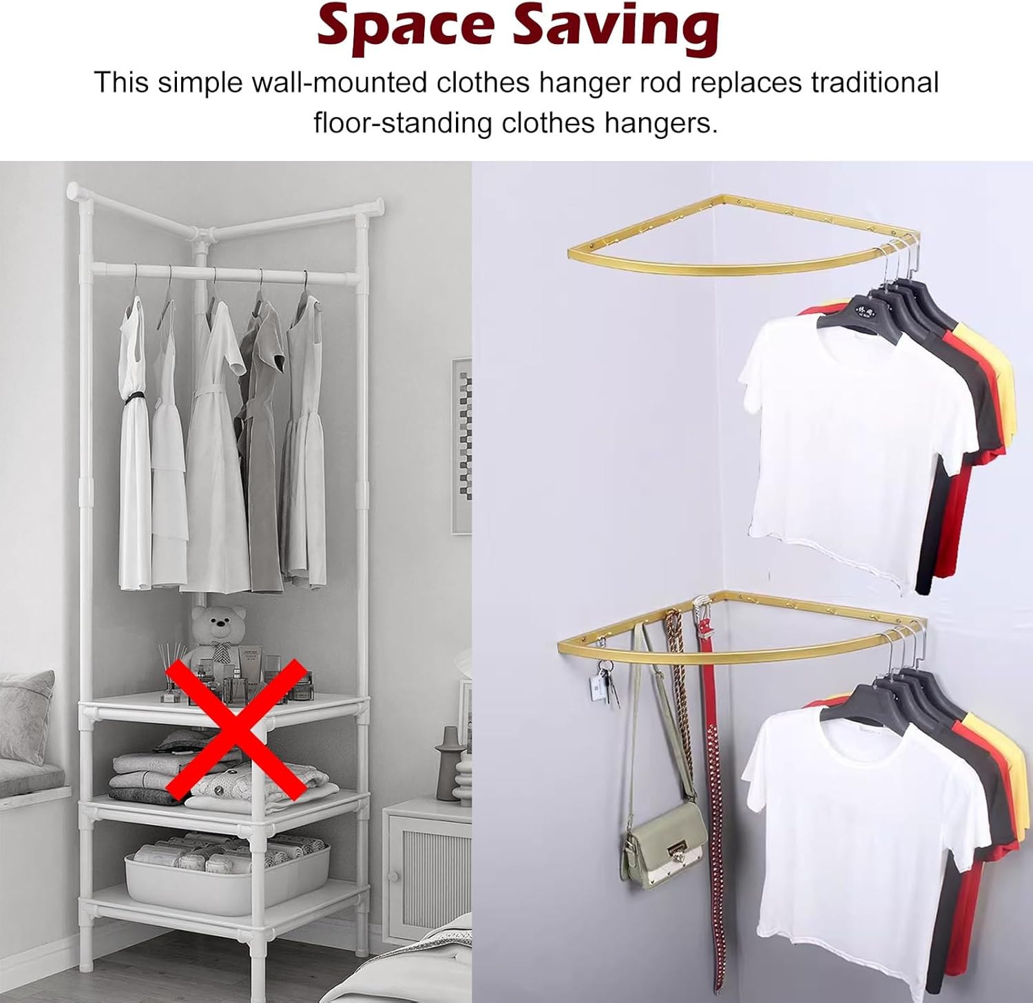 Corner Garment Rod Metal, Heavy Duty Closet Clothes Hanger Bar, 90 Degree Angle Clothing Coat Rack, Small Curved Closet Pole for Corner Storage(Gold,60 x 60cm (23 5/8 x 23 5/8