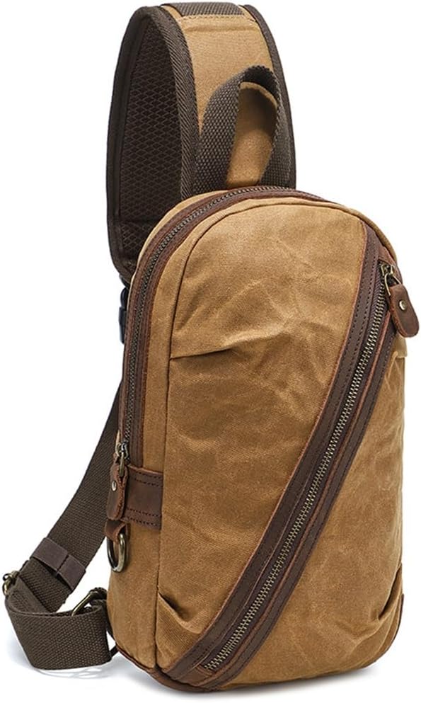 Oil Waxed Canvas Chest Travel Skew Backpack Crazy Horse Cowhide Men's Bag Shoulder