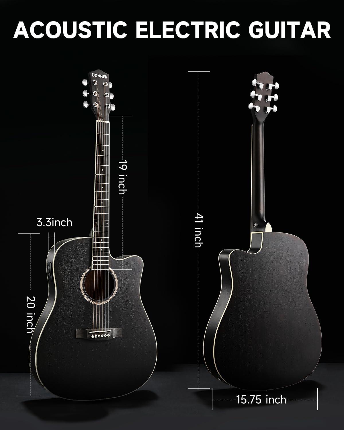 Donner 41-Inch Acoustic Electric Guitar Kit for Beginners, Full Size with Capo, Picks, Tuner, Strings, Strap - Black