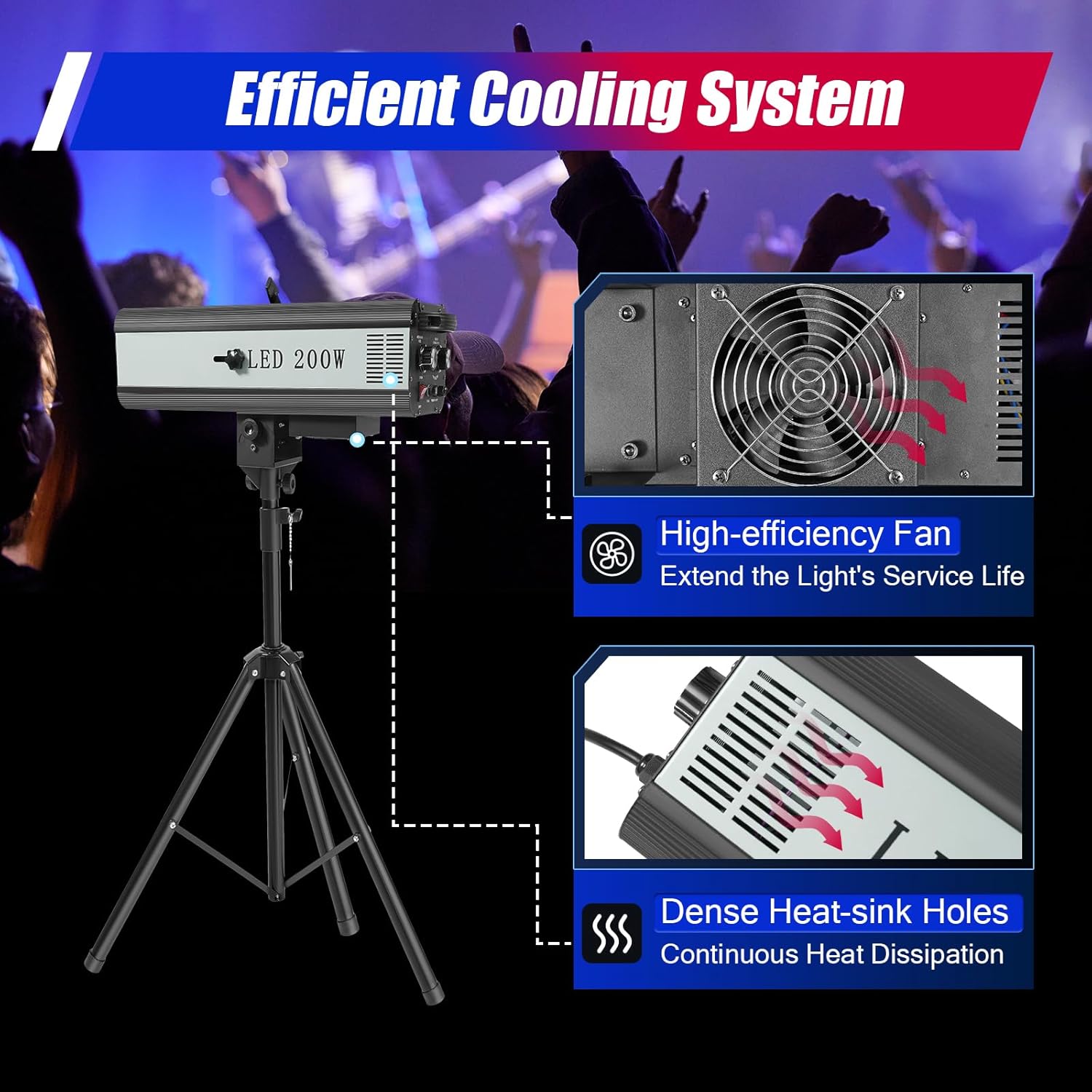 200W Manual Follow Spot Light, Stage Spotlight with Tripod Bracket LED Light Monotonic Focalization Follow Spotlight, Black DJ Lights Theater Spotlight for Outdoor Parties Bars Weddings