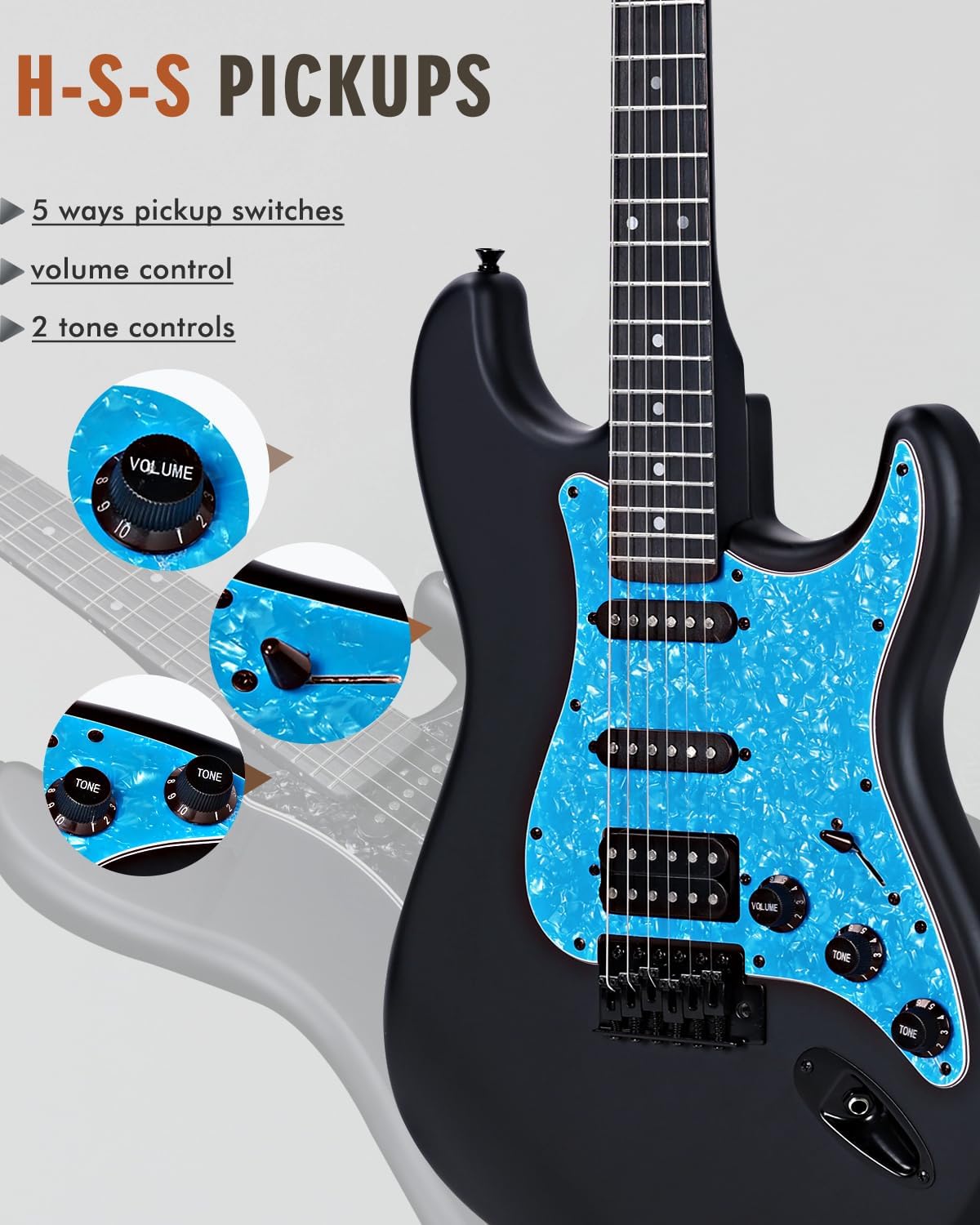 Winzz Adult Electric Guitar 4/4 Full Size, HSS Pickup, Guitar Electric ST for Beginners Starter Pack with 12 Accessories, Ideal Kids Electric Guitar Kit 12+ Years (39