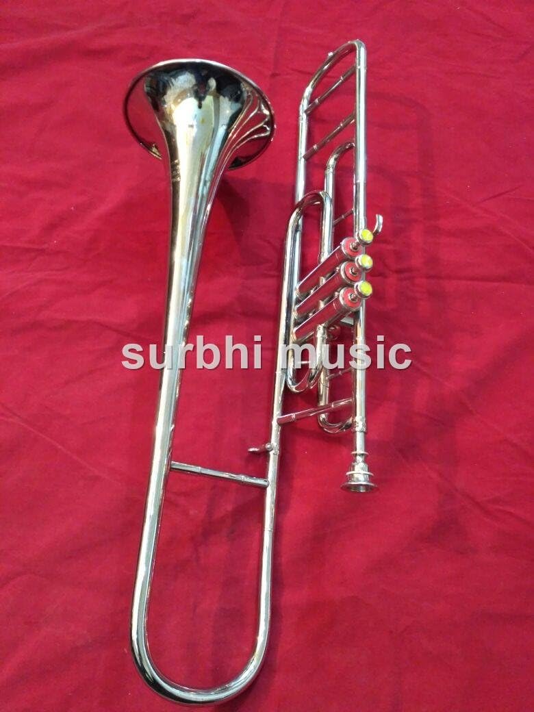 Surbhi Music Silver Chrome Nickle Valve Trombone Bb Flat Trombone With Free Case Box & Mouth Pc.