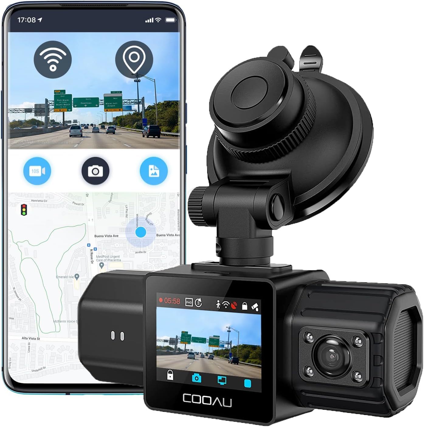 COOAU Dual Dash Cam 2.5K+1080P, Dash Cam Front and Inside, Built-in GPS and WI-FI, Dash Camera for Cars, Perfect for Uber and Taxi Drivers, Night Vision, Accident Record, 24Hr Parking Mode