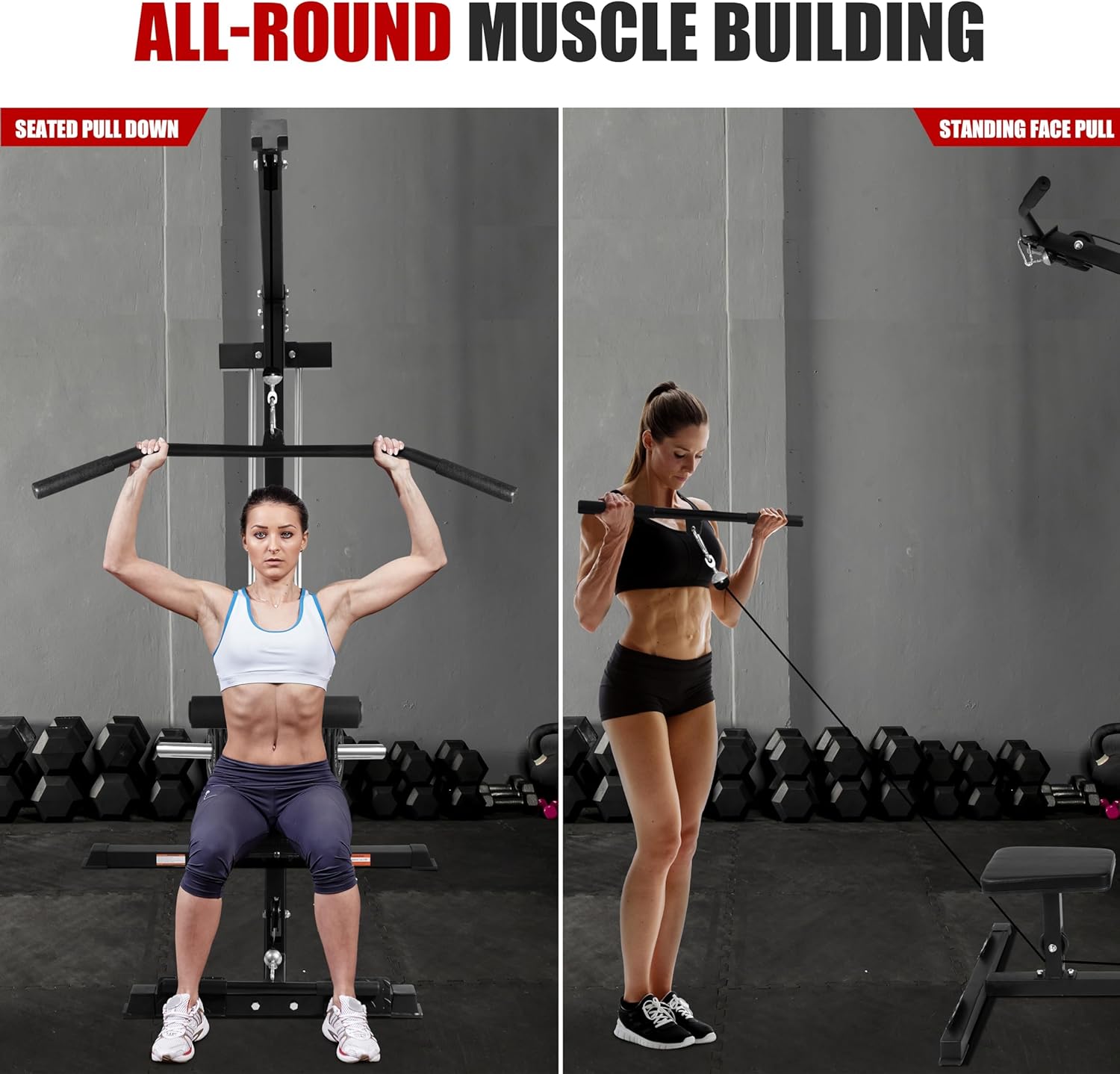 Fitvids LAT All-in-one Machine with High and Low Pulley Station, LAT PullDown and LAT Row Cable Machine, LAT Tower with Adjustable Leg Support for Home Gym Total Body Training