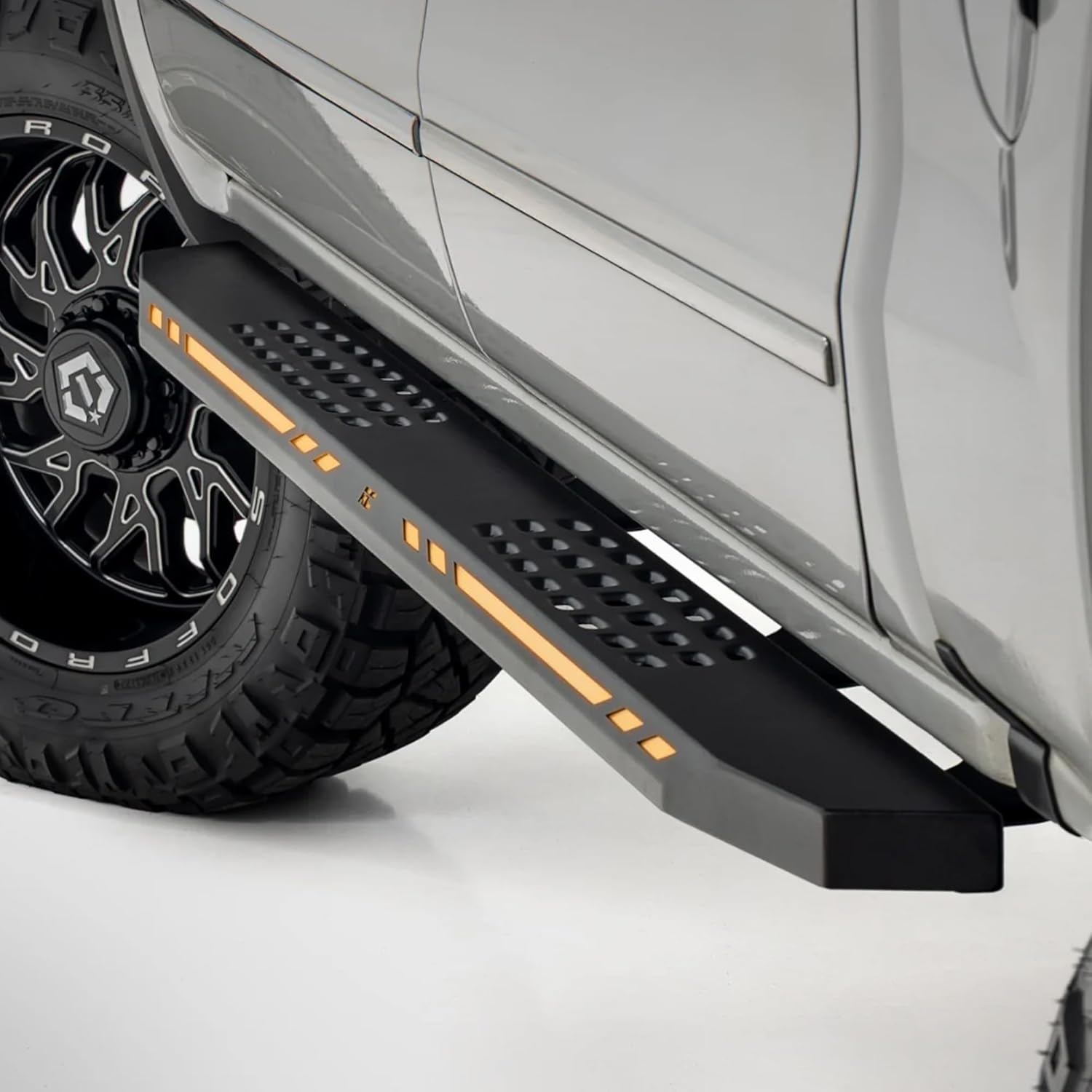 Rough Country AC2 LED Running Boards for Chevy Silverado & GMC Sierra 1500 Crew Cab (2007-2018) - Heavy Duty Steel Side Steps with Amber/White LED Lights