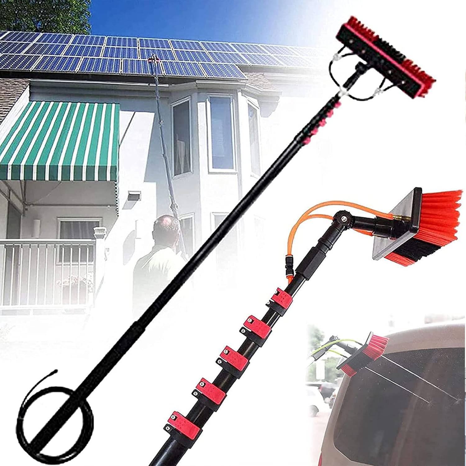 Water Fed Pole Kit, 12-39ft Length Water Fed Brush, Water Fed Cleaning System Aluminum Outdoor Window Cleaner w/Hose, Cleaning Tool for Solar Panel,20FT/6M