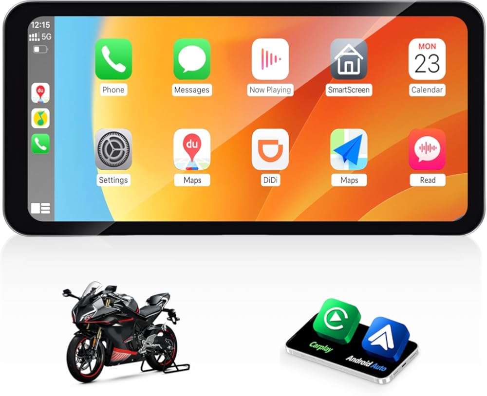 Portable CarPlay Screen for Motorcycle 6.3 Inch Waterproof Touchscreen Wireless CarPlay & Android Auto Motorcycle DVR Stereo Supports GPS Navigation Bluetooth Transmission
