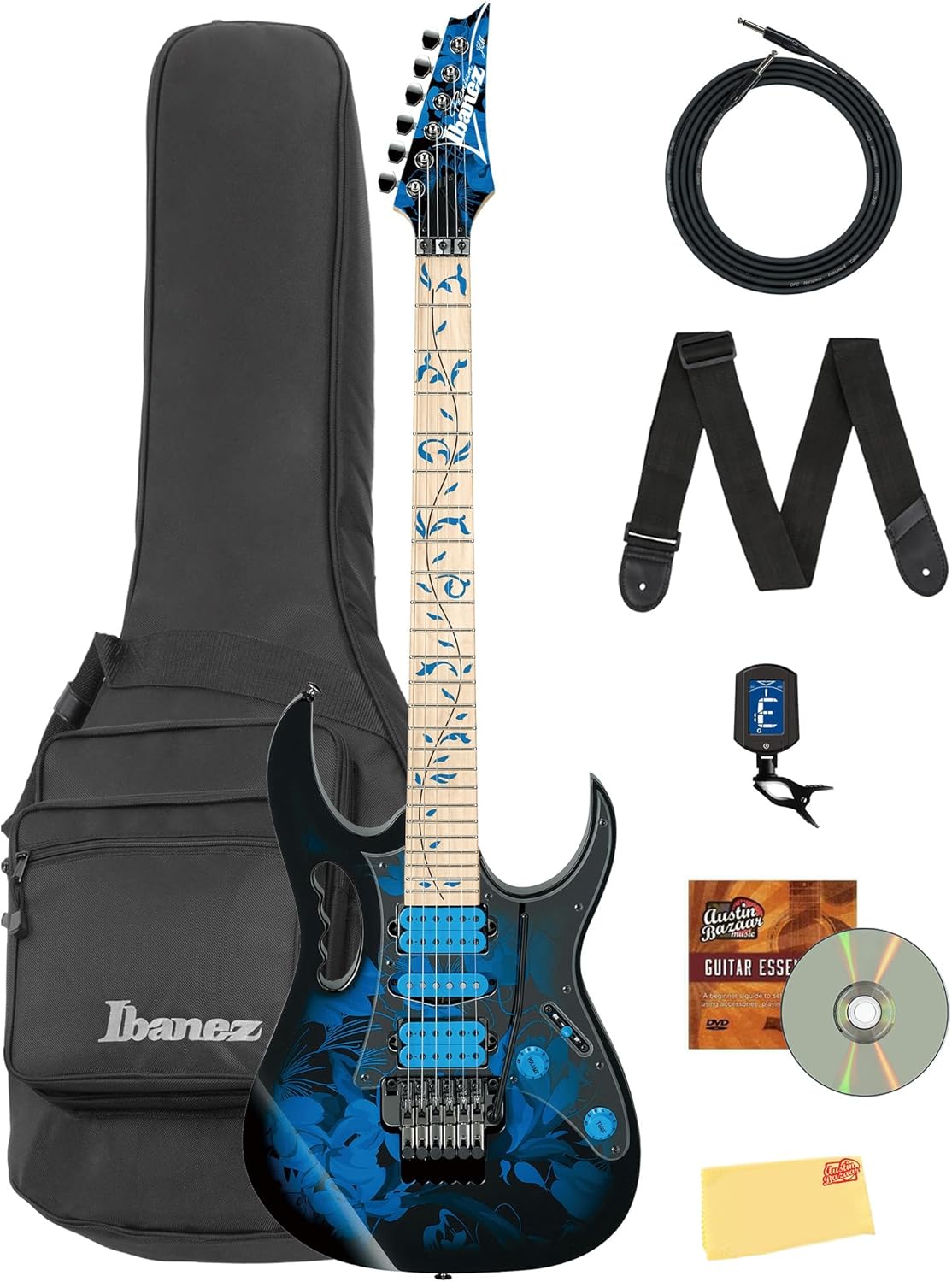 Ibanez JEM77P JEM Steve Vai Electric Guitar - Blue Floral Pattern Bundle with Gig Bag, Tuner, Strap, Cable, Austin Bazaar Instructional DVD, and Polishing Cloth