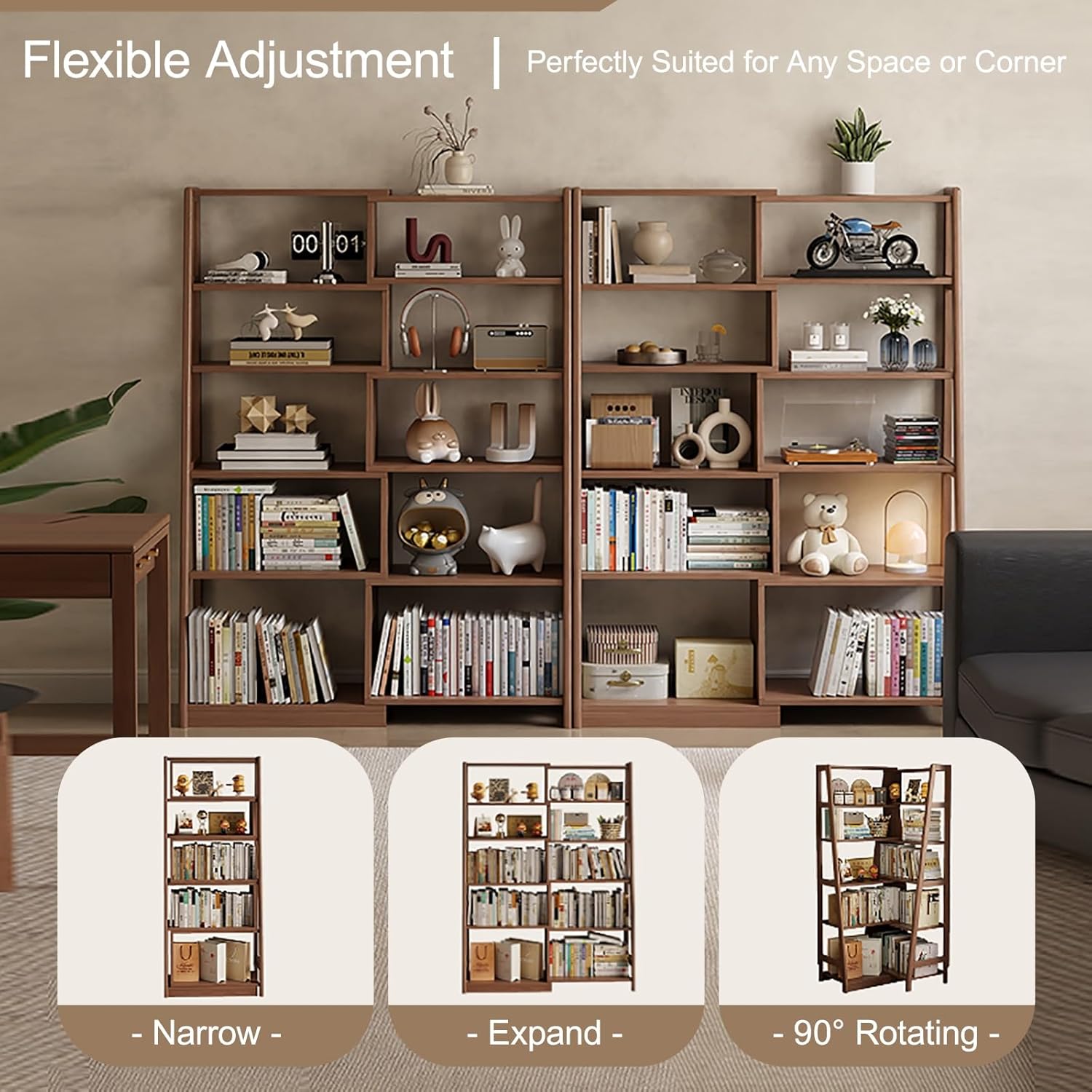 Expandable 3-in-1 Convertible Bookcase with Adjustable Width, Storage Organizer Bookcase Corner & Straight Shelf Design for Living Room Bedroom
