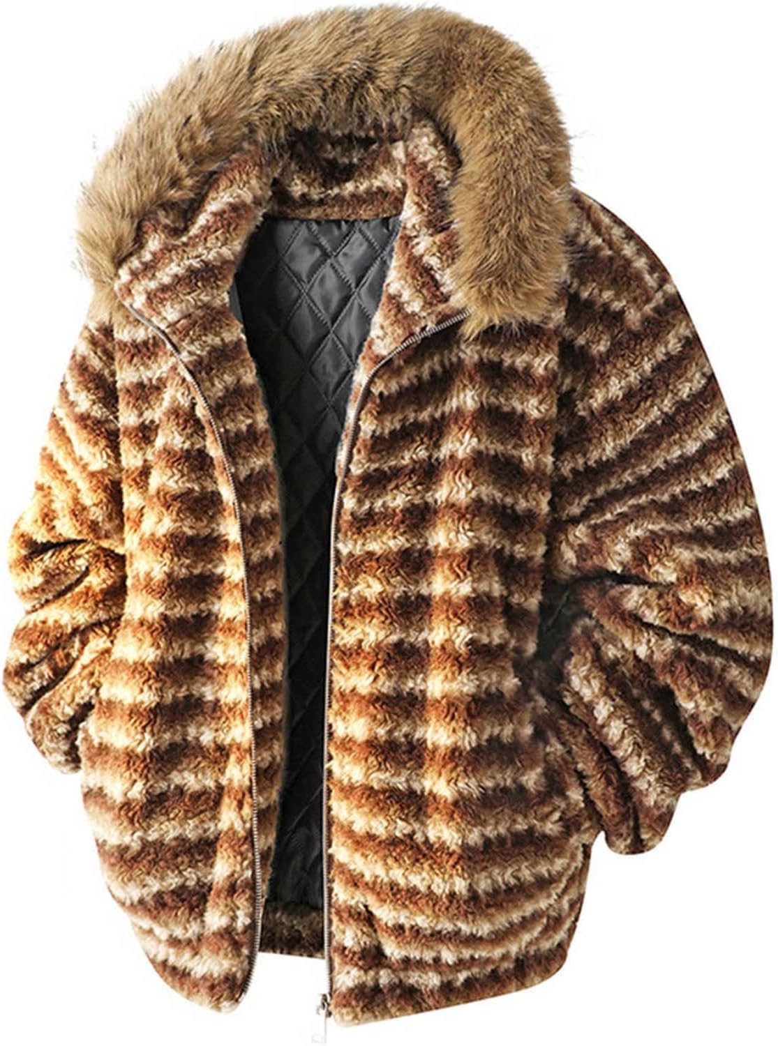 Men's Plaid Oversized Coat with Large Faux Fur Collar Vintage Quilted Checkered Jacket Fleece Warm Long Sleeve Outwear