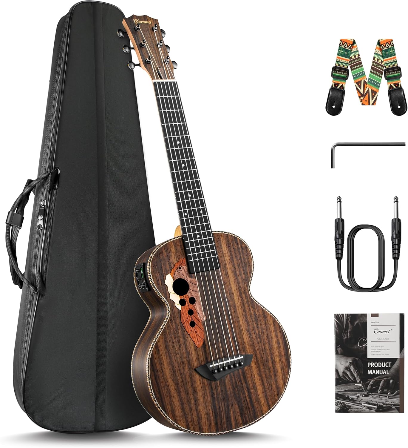 30inch Caramel CB904G Ebony Wood Electric Guitalele Small Guitar Kit Beginner Guitarlele Starter Bundle Strings, Padded Gig Bag, Strap Set (Ebony)
