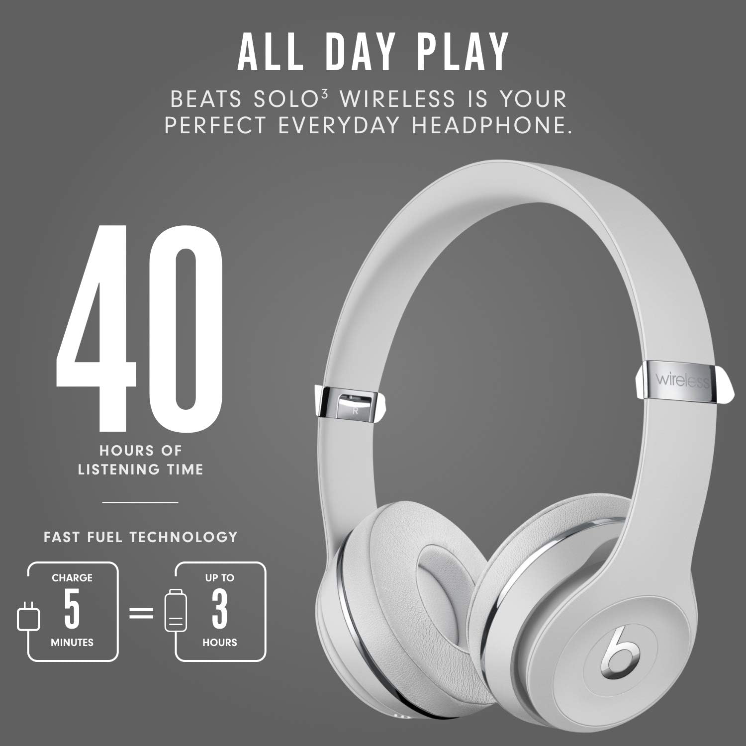 Beats Solo3 Wireless On-Ear Headphones - Apple W1 Headphone Chip, Class 1 Bluetooth, 40 Hours of Listening Time, Built-in Microphone - Satin Silver (Latest Model)