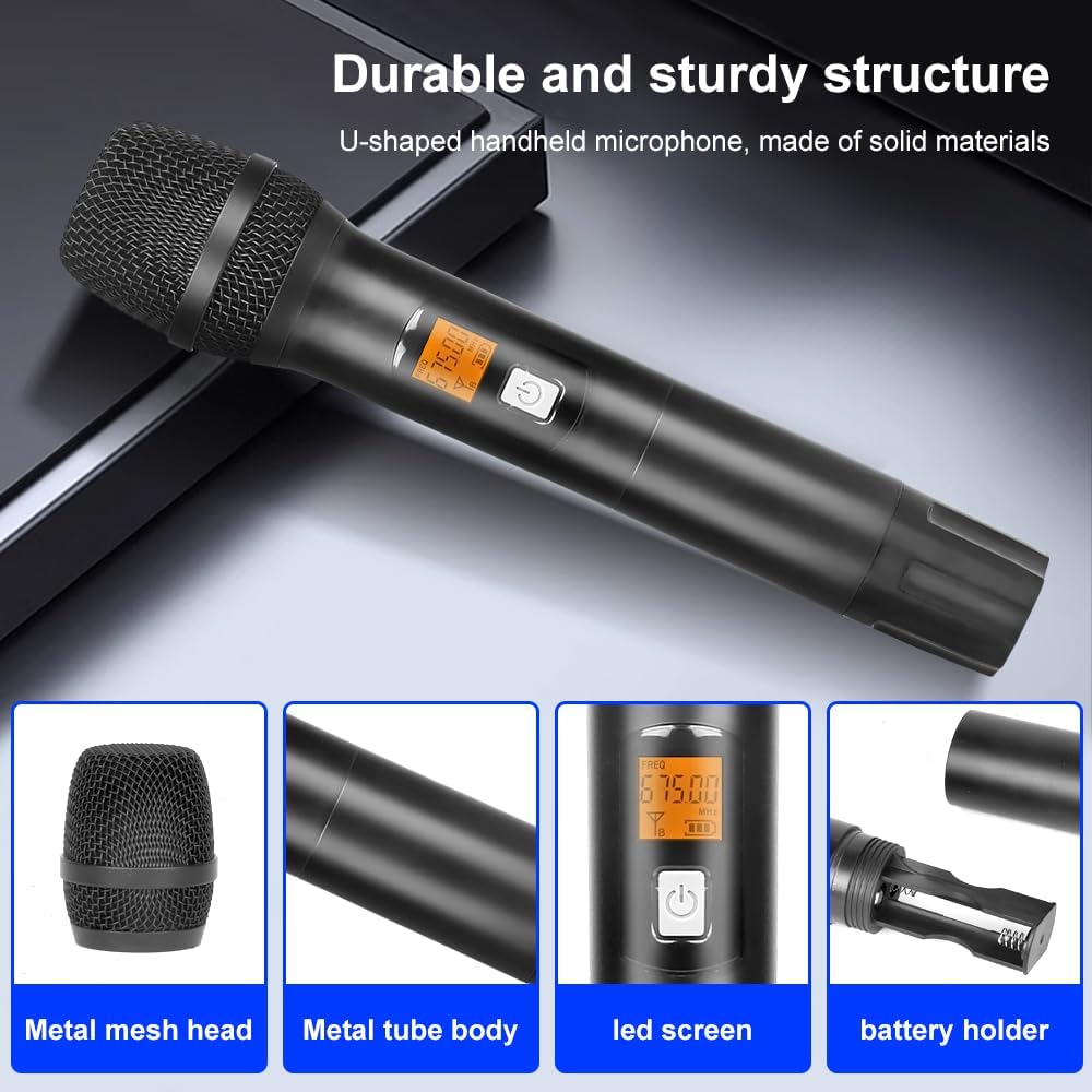 NG-99 Wireless Microphone System with Two Metal Microphones,UHF Handheld Wireless Moving Coil Gradient Colored Microphone for Home Karaoke, Conference, Party, Church, DJ, Wedding