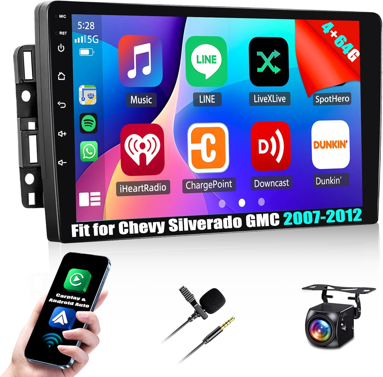 4+64G Android 14 Car Stereo Fit for Chevy Silverado GMC Sierra Acadia Enclave Yukon 2007-2012 Radio Upgrade 10inch Touch Screen with Wireless Carplay Android Auto Mirror Link GPS SWC WiFi