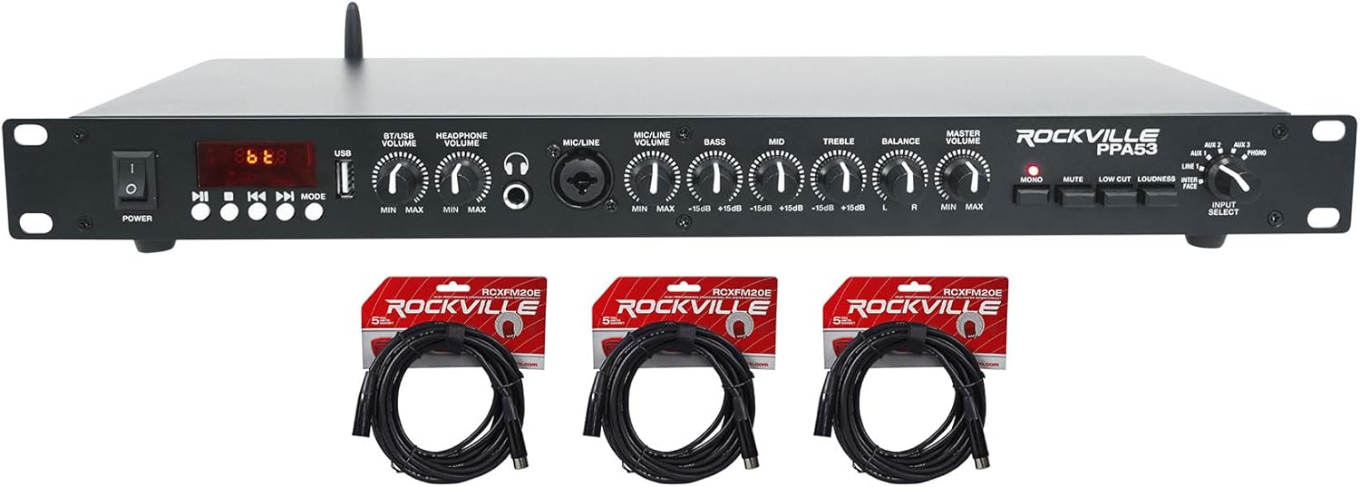 Audiosavings Bundle: Rockville PPA53 Preamp Pro 1U Pre-Amplifier w/Bluetooth/USB/Computer Interface Bundle with (3) Rockville RCXFM20E-B 20 Foot Female to Male XLR Mic Cable (4 Items)
