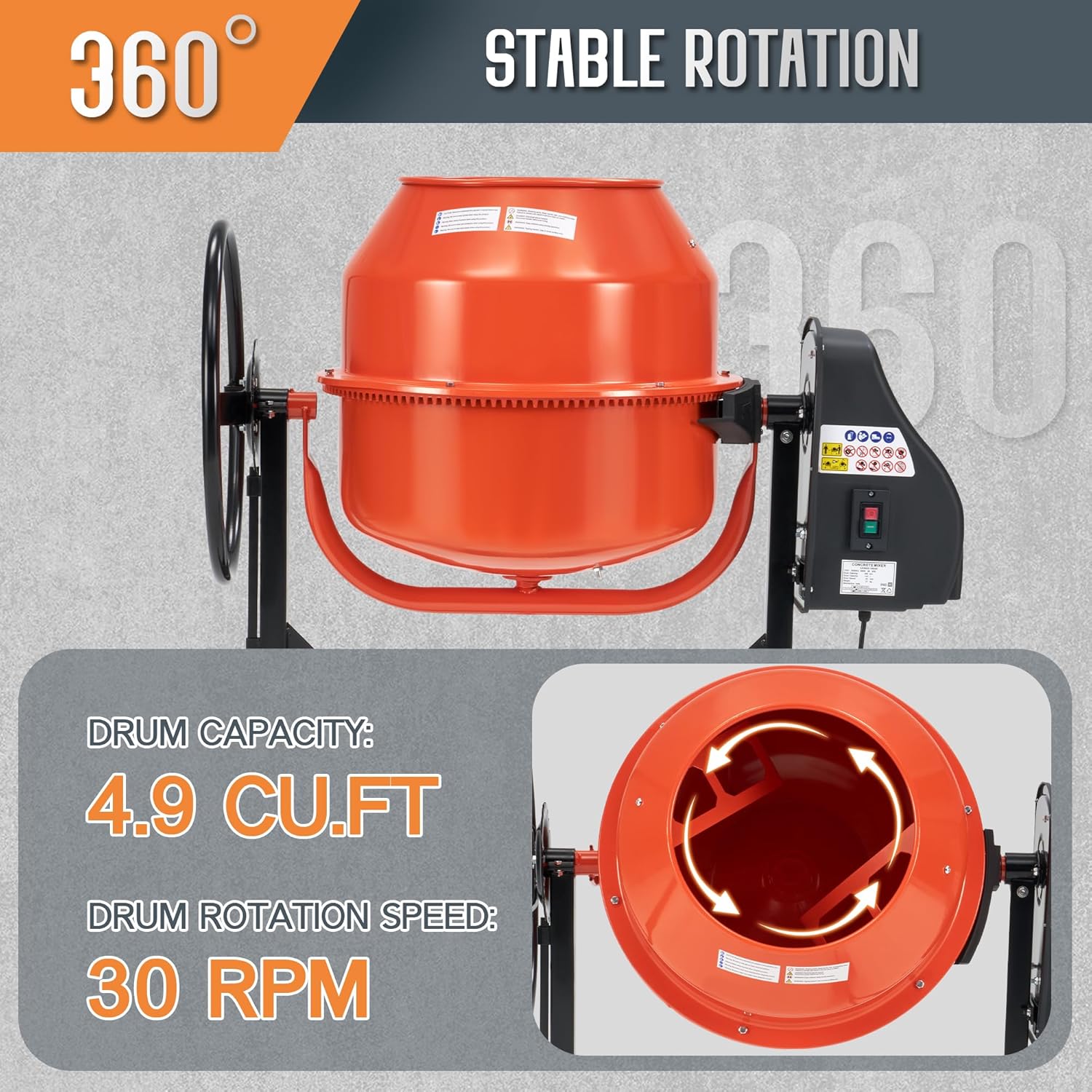 SPECRAFT 4.9 Cu.Ft. Electric Cement Mixer, 550W Portable Concrete Mixing Machine with 140L Drum, 110V Motor, 30RPM Rotation for Mortar, Stucco, and Feed