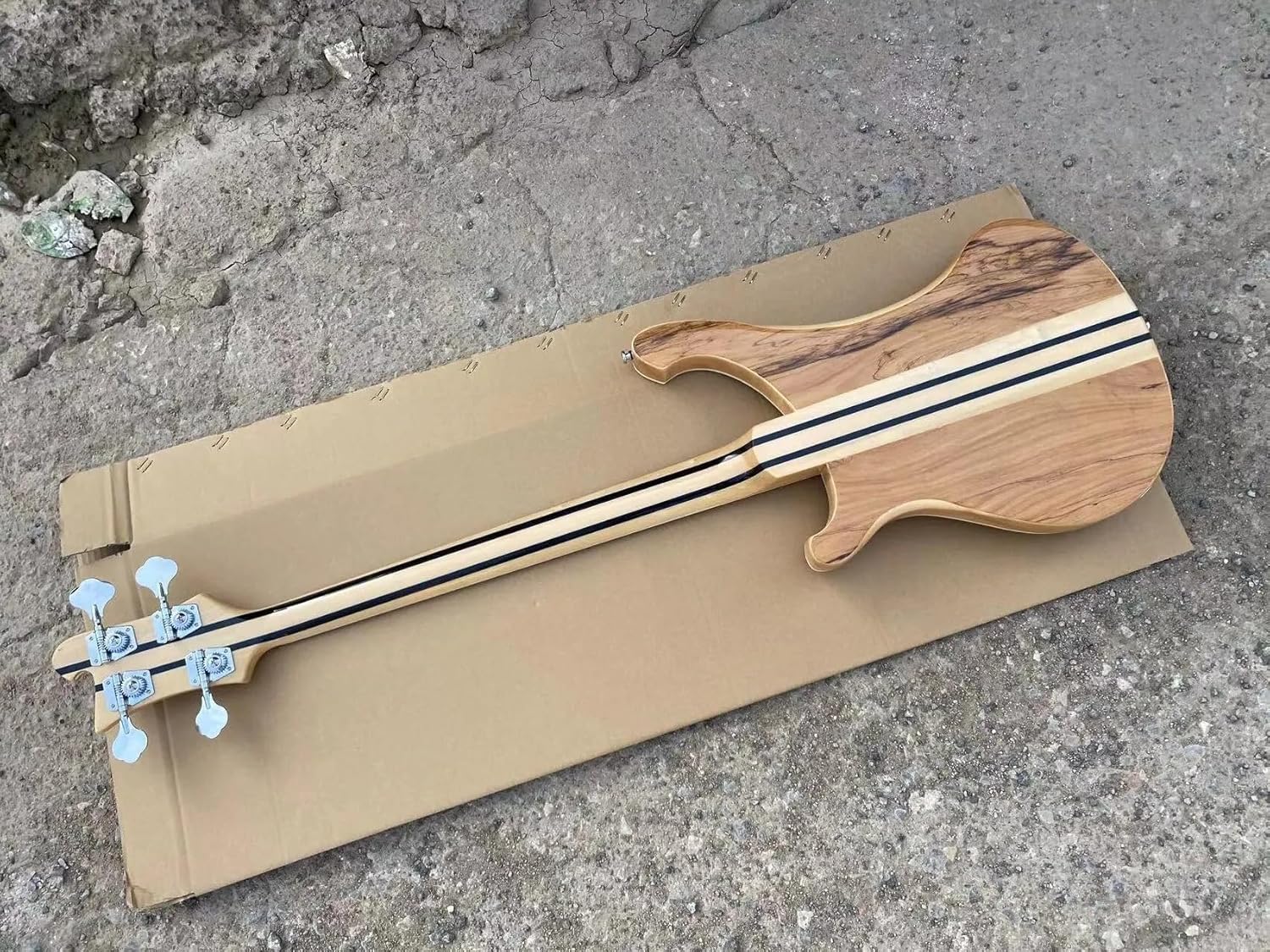 4-String Electric Bass Guitar - Natural Spalted Maple Veneer Finish, Checkerboard Binding, Neck-Thru Construction