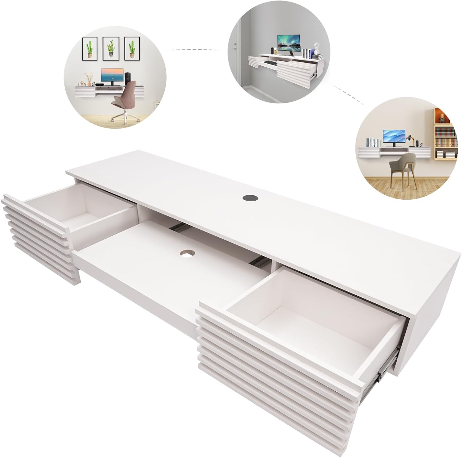 Floating Wall Mount Computer Desk Floating Shelf with 2 Drawer & Keyboard Tray Home Office Desk Workstation, Cable Hole, Laptop PC Table for Living Room, Bedroom, Office, White