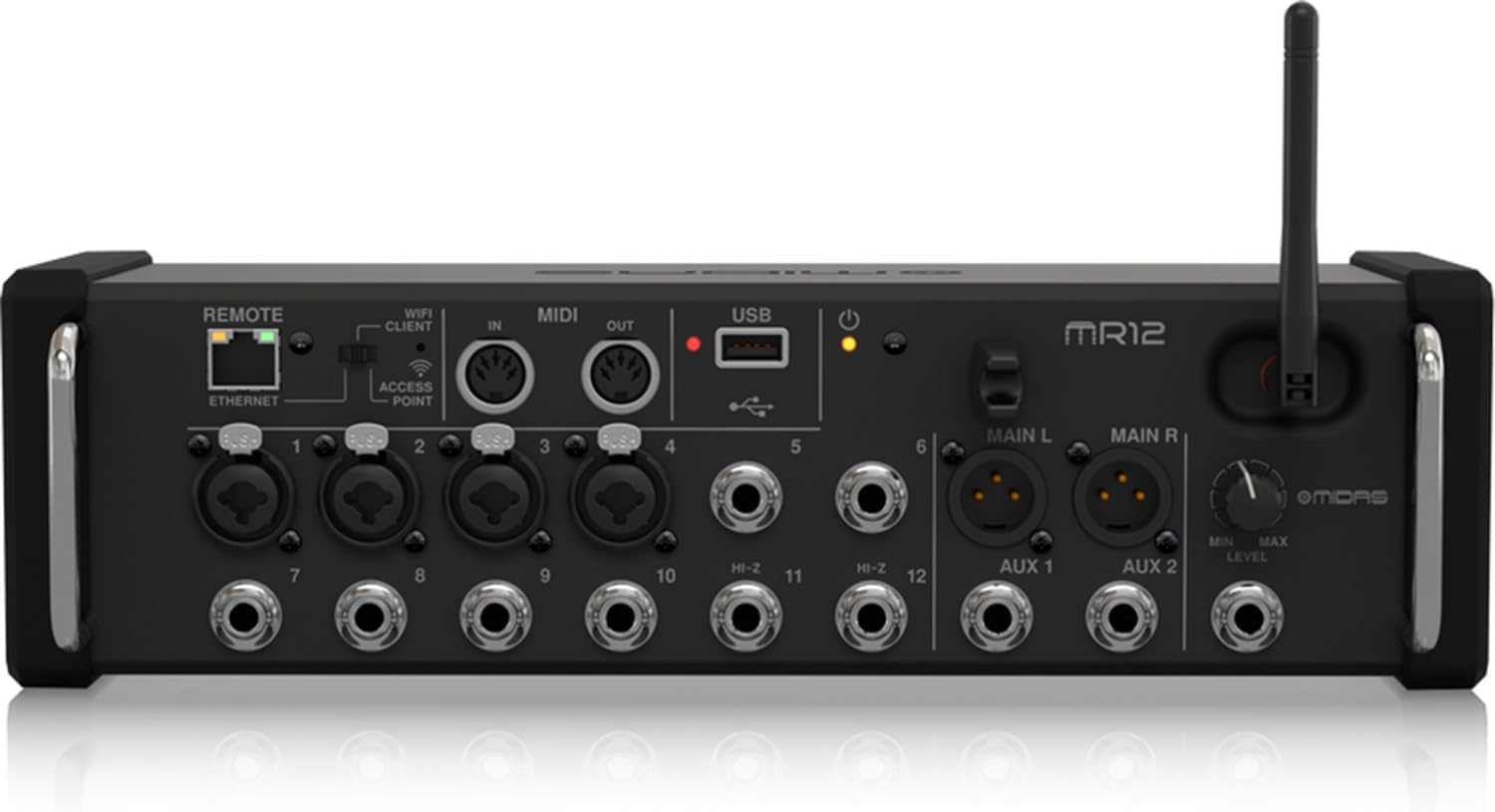 Midas MR12 12-Input Digital Mixer for iPad/Android Tablets with 4 Midas PRO Preamps, 8 Line Inputs, Integrated Wifi Module and USB Stereo Recorder