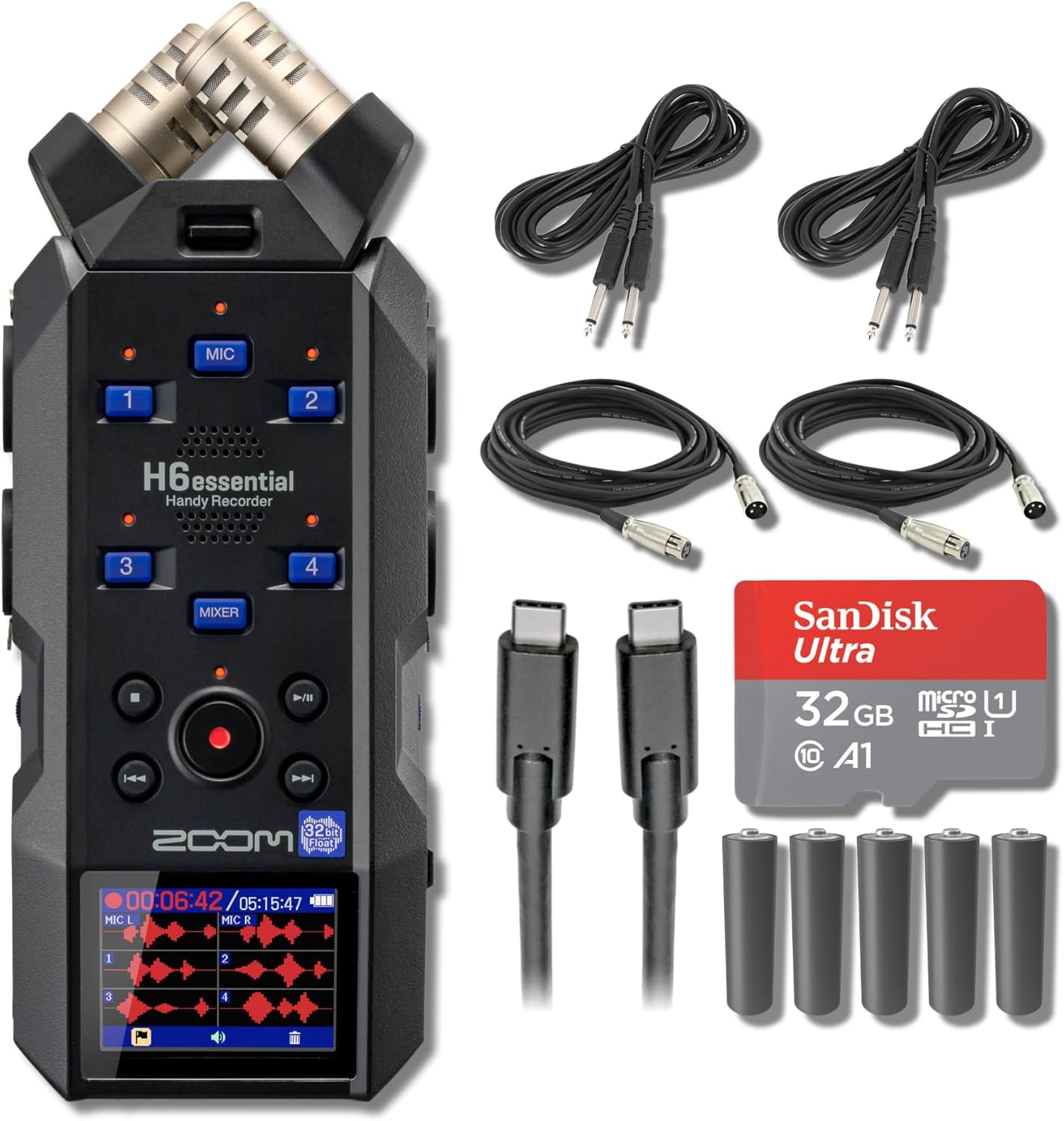 Zoom H6essential 6-Track 32-Bit Float Portable Audio Recorder with 32GB microSD Card, USB-C Cable, 10' XLR Cables, 25' Instrument Cables and AA Batteries