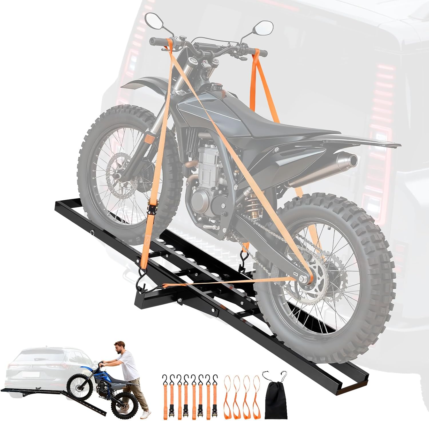 VEVOR Motorcycle Carrier, 500 lbs Capacity, Heavy Duty Steel Hitch Mount Rack with 47in Ramp, Ratchet Straps & Stabilizer, Scooter Dirt Bike Trailer Hauler for Car Truck with 2-Inch Hitch Receiver