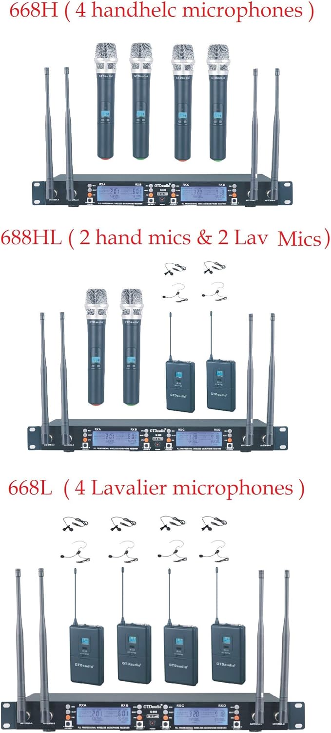 GTDaudio 4 x100 Changeable Frequency Channels UHF Wireless Microphone DJ Karaoke Mic System, Range 400Ft, Battery 12 Hours (4 Handheld Mics) 668H