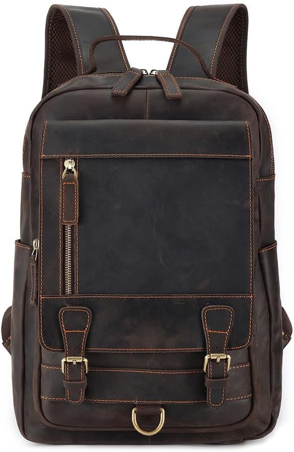 Crazy Horse Leather Vintage Business Computer Backpack, Large Capacity Bag for Outdoor & Daily Use Gift Box (Coffee)