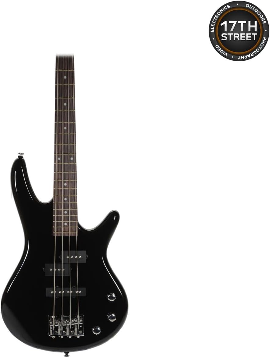 Ibanez GSRM20 4-String Solid Body Bass Guitar (Black) - Right Handed Poplar Body Bass with GSF50 Powerpad Strap, 15 Pack Guitar Picks with Storage Box & Microfiber Cleaning Cloth (Bundle Set)