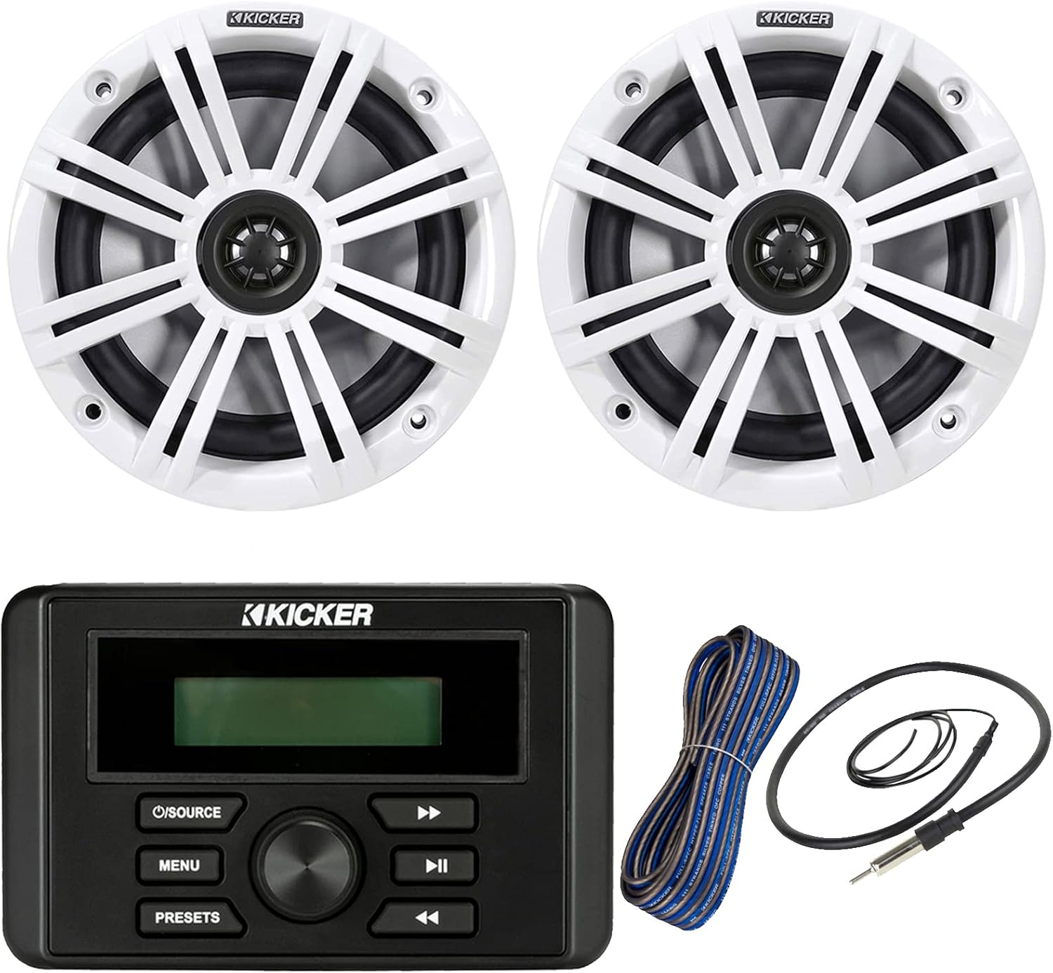 Kicker Weather-Resistant Marine Bluetooth USB RCA Stereo Receiver Bundle Combo with 1 Pair (QTY 2) 6.5