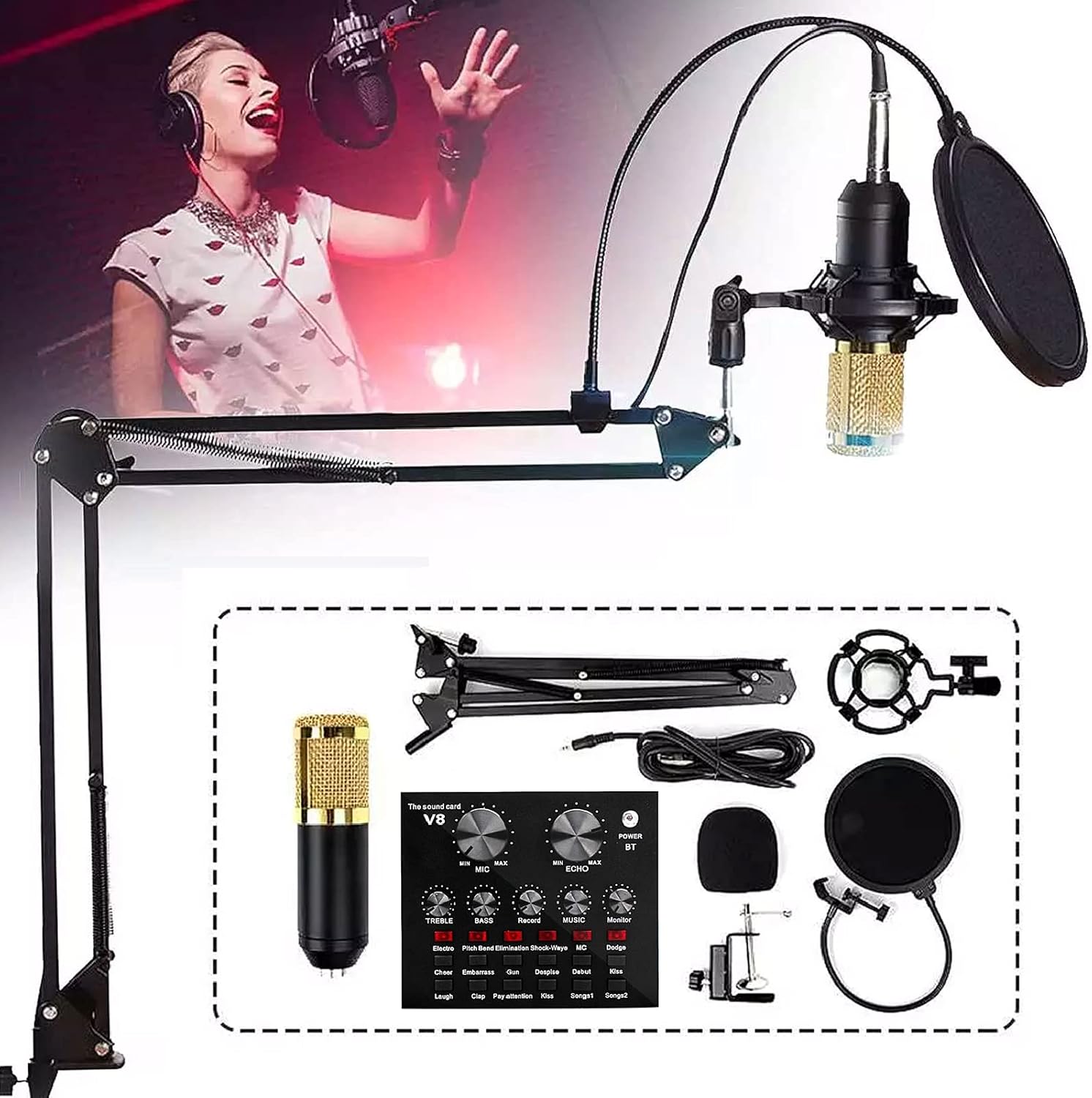 USB Microphone Set,Adjustable Mic Suspension Scissor Arm,Condenser Microphone Bundle,BM800 Sound Card Set,for Music Recording Audio Recording Live Streaming