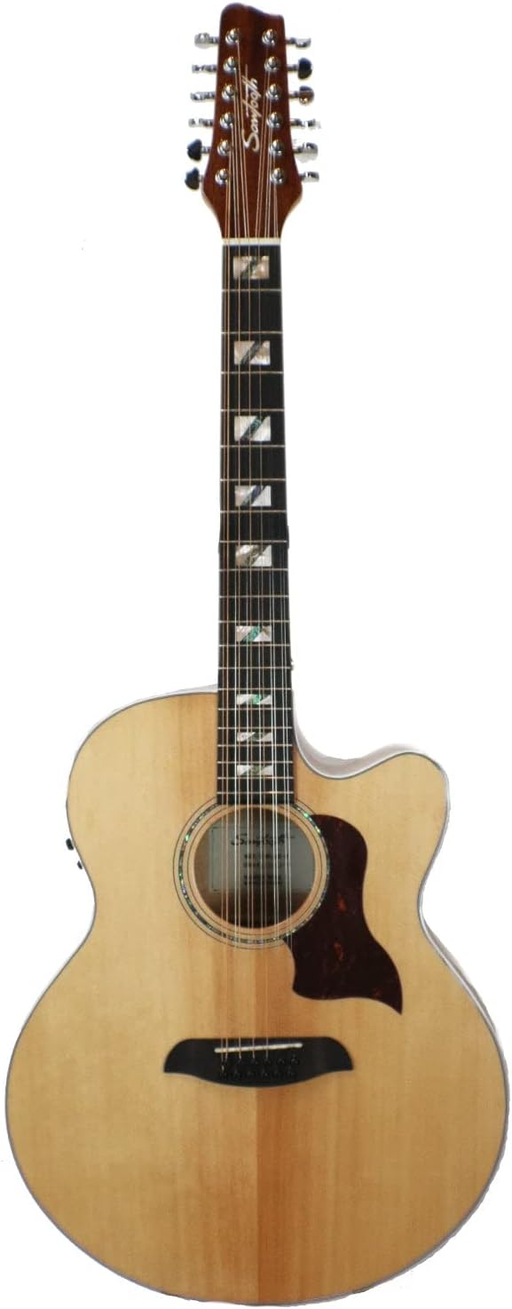 Sawtooth Solid Spruce Top Jumbo Cutaway 12 String Acoustic Electric Guitar with Flame Maple Back and Sides Right-Handed