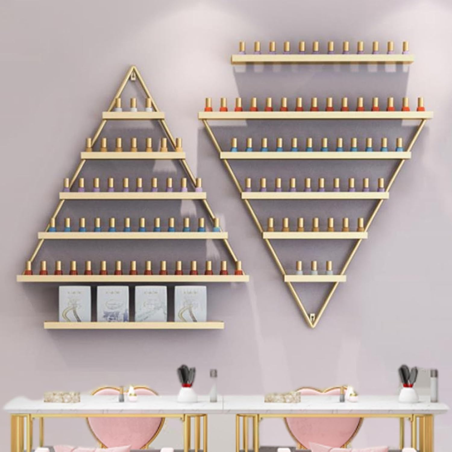 Wall Shelves Floating Shelves Gold Nail Polish Rack Wall Mount, Triangular Metal Essential Oil Organizers Nail Polish Holder, Versatility Paint Racks for Home Spa Salon (Color : Set A)