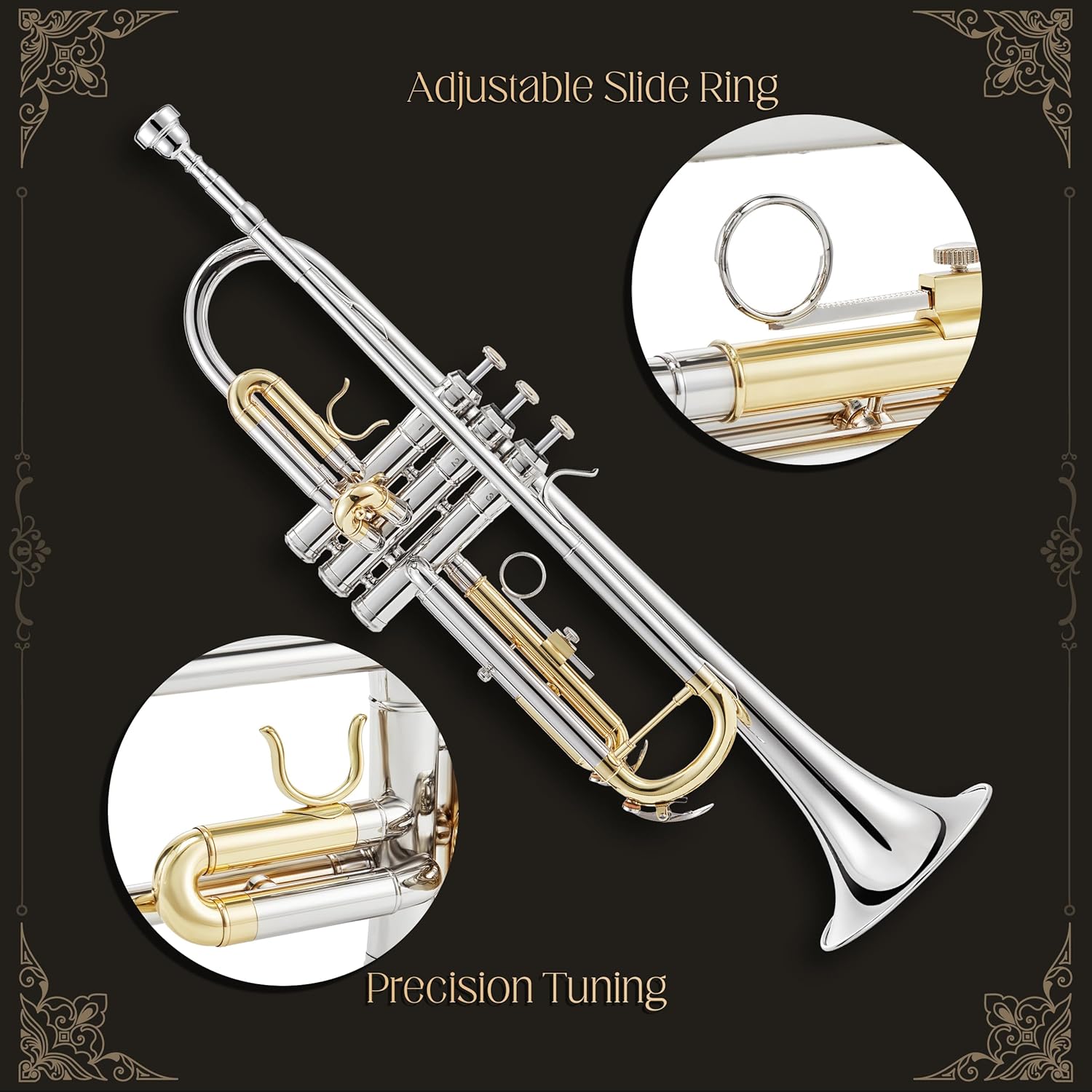 AKLOT Hand-Hammered Bell Bb Trumpet: Smooth Valve Action, Clear-Lacquered Brass Body, Standard Trumpet Beginner Set with Leather Case, Lesson Book, Trumpet Mute, Mouthpiece, Cleaning Kit (SNR-BrzAC)