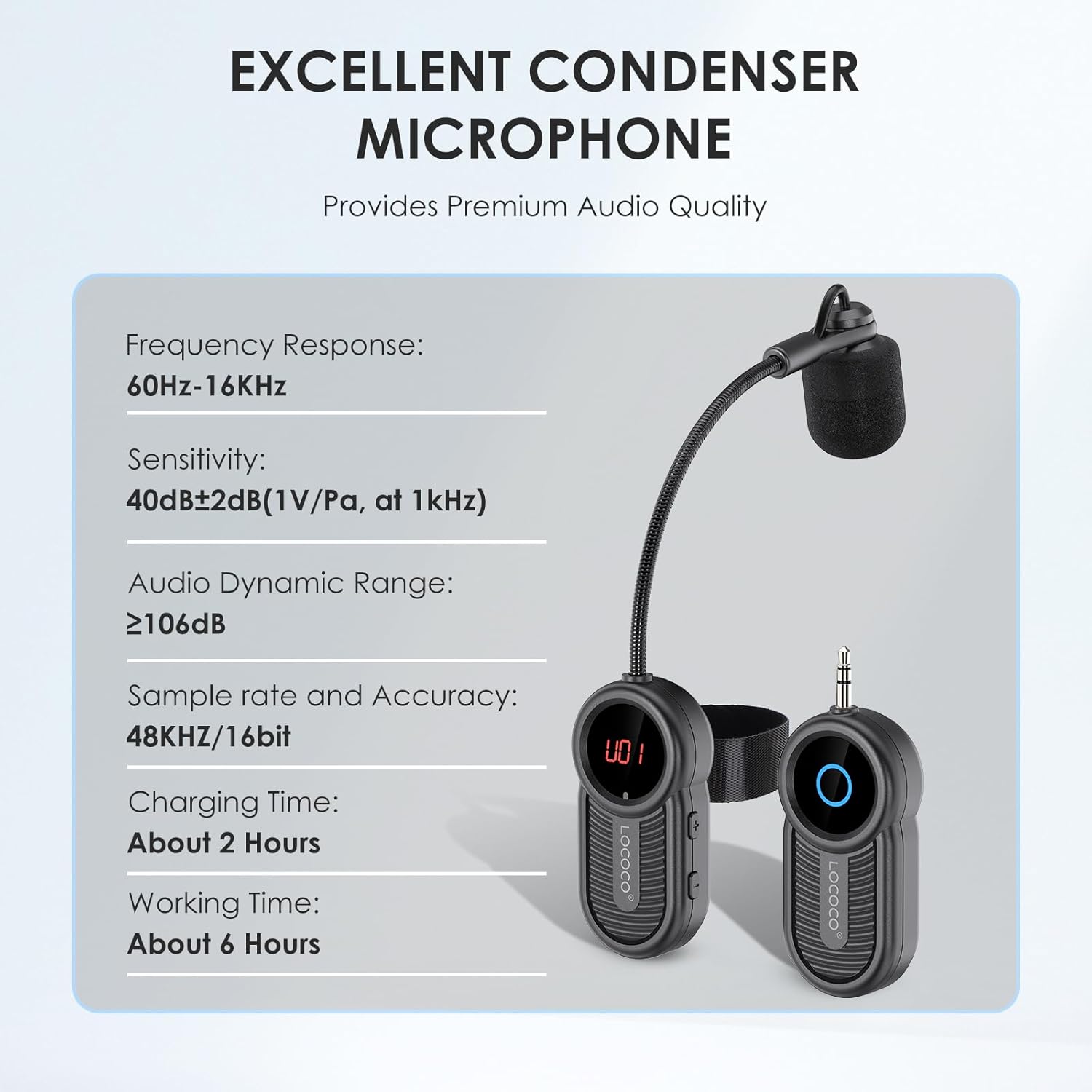 Lococo UHF Wireless Flute Microphone System: Wind Music Instruments Microphone Receiver and Transmitter, 160ft Range with Digital Screen, for Flute, Piccolo, Clarinet