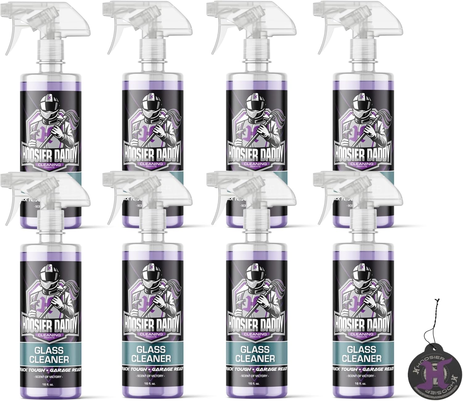 Hoosier Daddy 16oz Glass Cleaner - Streak-Free Formula for Crystal Clear Windows, Mirrors, and Glass Surfaces, Easy Spray for Multi-Use on Cars, Trucks, SUV, House, and More + Air Freshener (8-Pack)