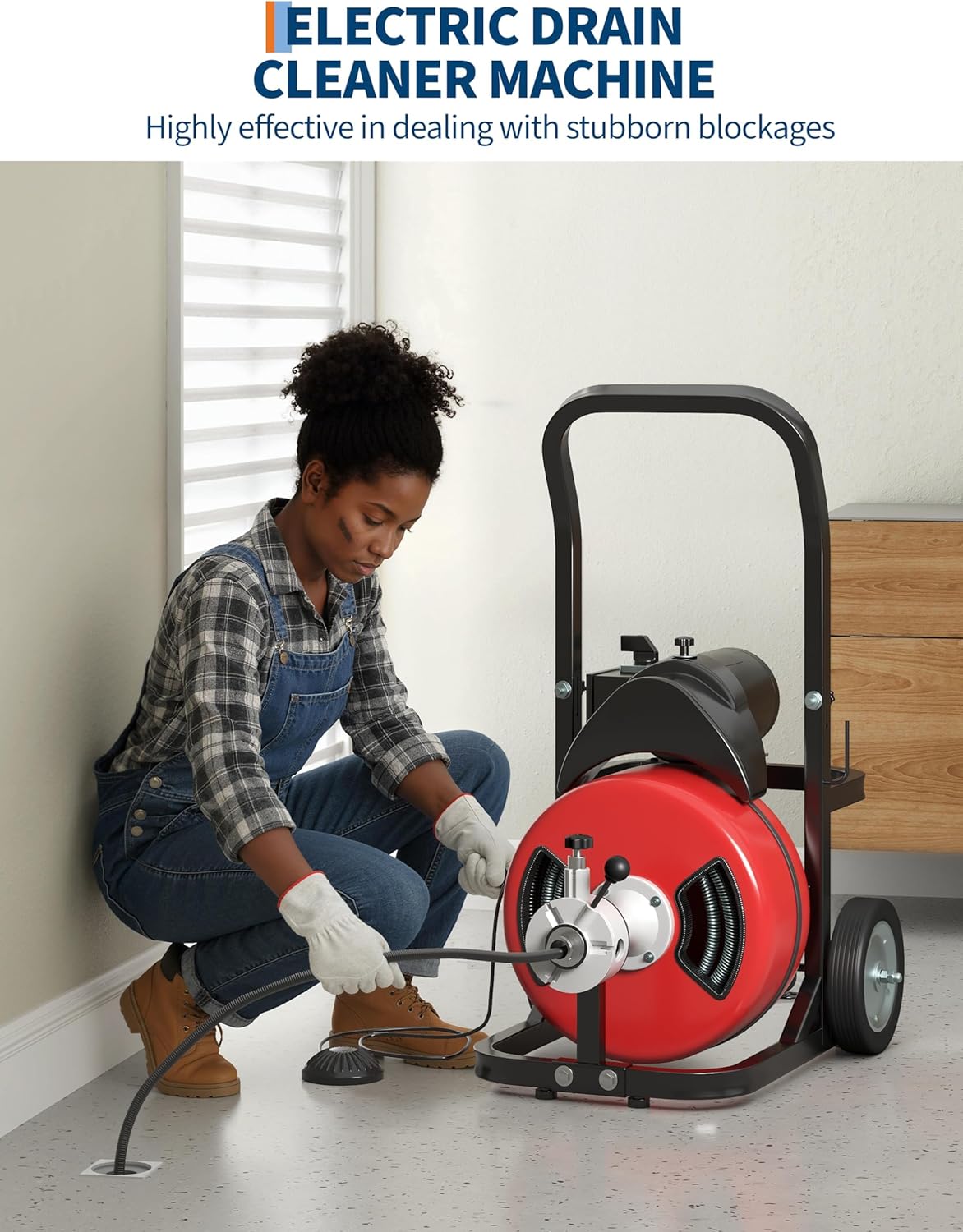 Portable 370W Electric Drain Cleaner Machine with 100FT x 1/2 Inch Steel Core Cable, Sewer Auger, Cutter, Air-Activated Foot Switch, and Wheels for Commercial and Home Use