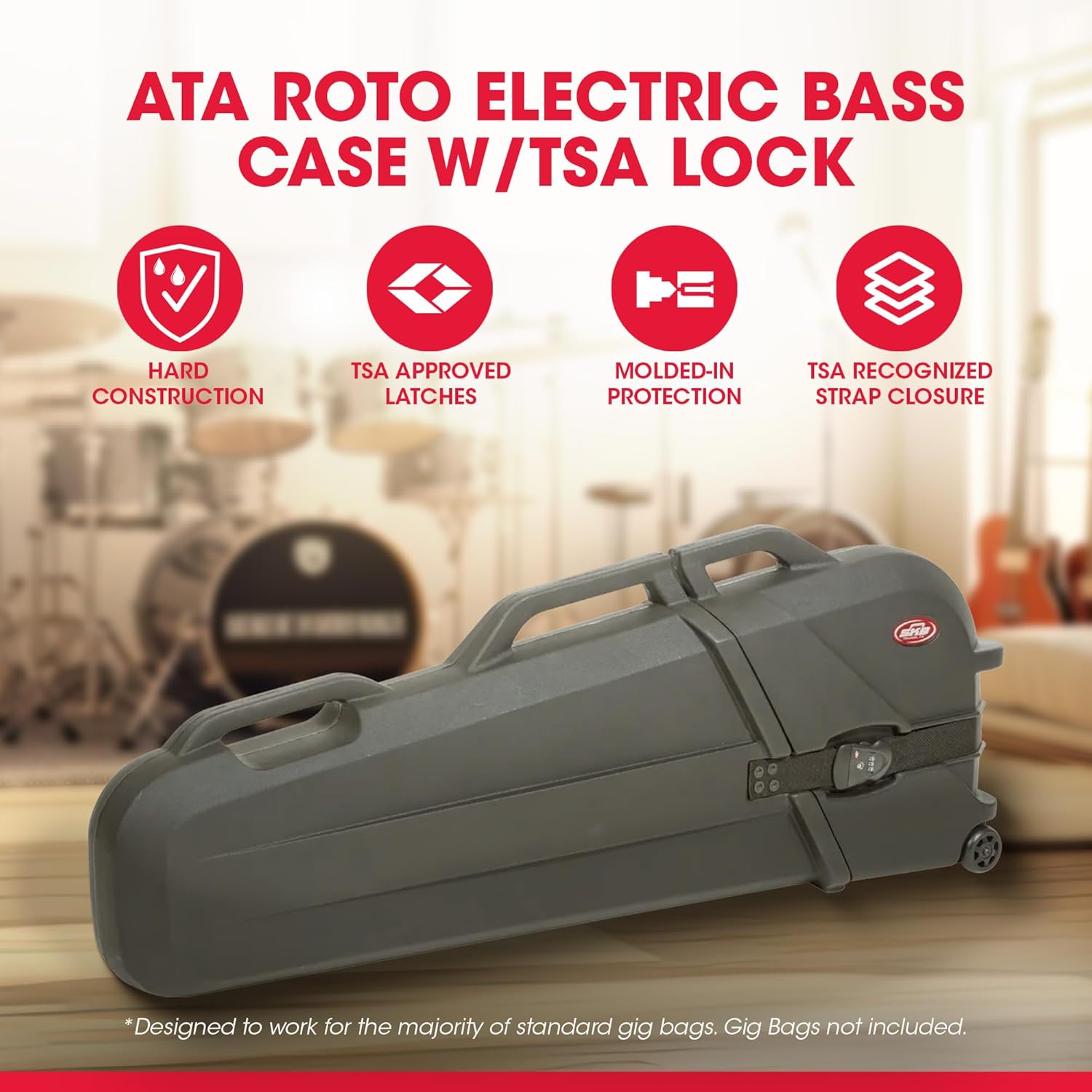 SKB ATA Roto Molded Electric Bass Guitar Hard Case with TSA Locking Latches, Wheels for Easy Transport and Ergonomic Handle, Black