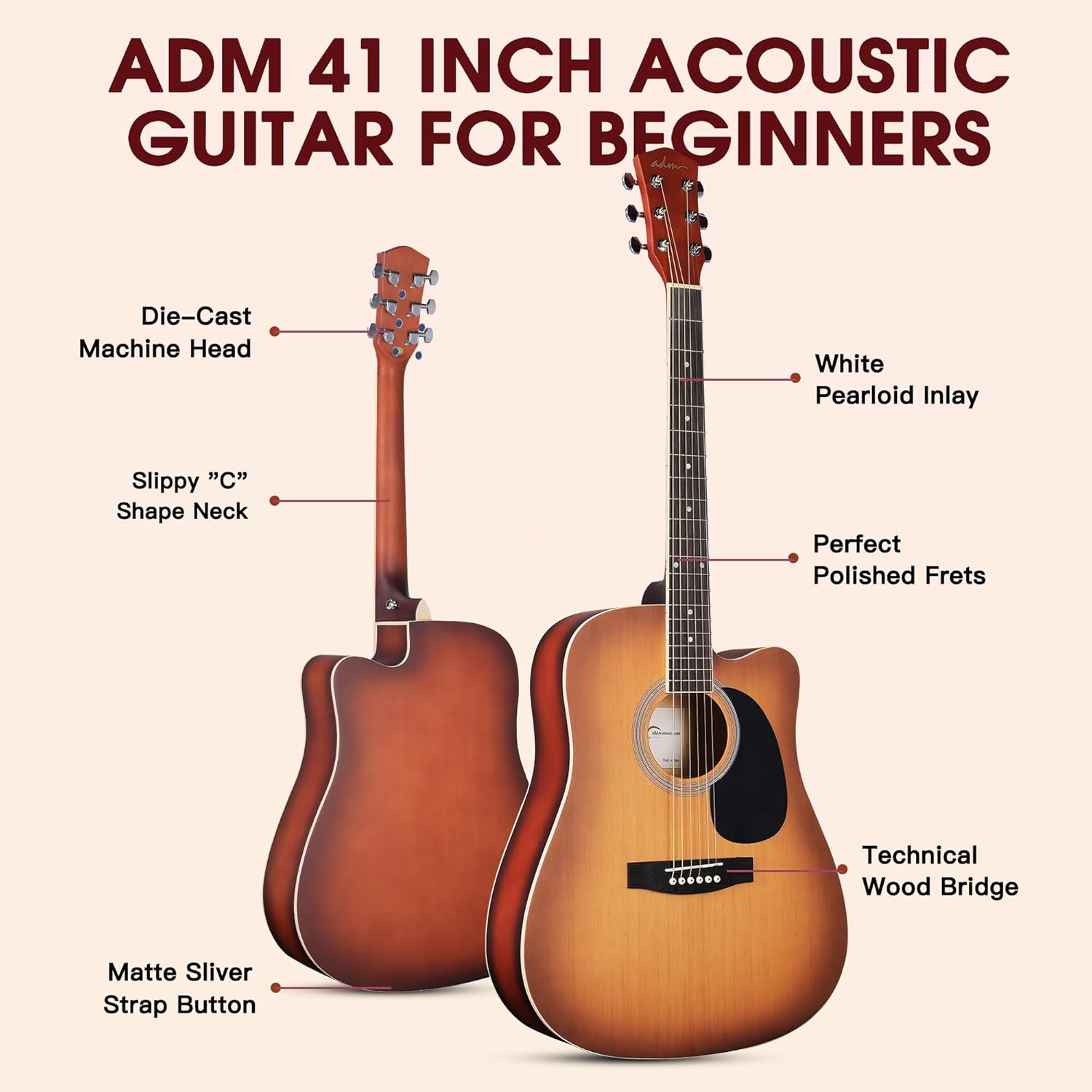 ADM Beginner Acoustic Guitar, Kids Students Cutaway Guitar Bundle Free Lessons with Gig Bag, Tuner, Strap, Picks, Extra Strings etc (Brown-Cutaway, 41 Inch)