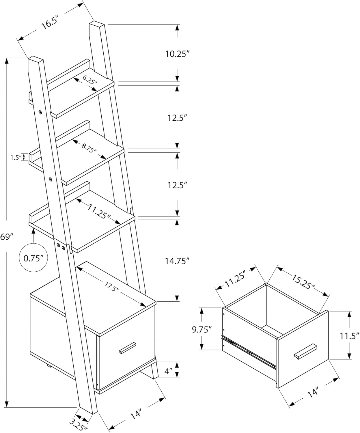 Bookshelf 69 Inch Ladder Bookcase Corner Etagere with 3 Fixed Staggered Shelves and Deep Drawer On Glides, Espresso Laminate Office Bedroom Storage, Space Saving Wall-Mountable