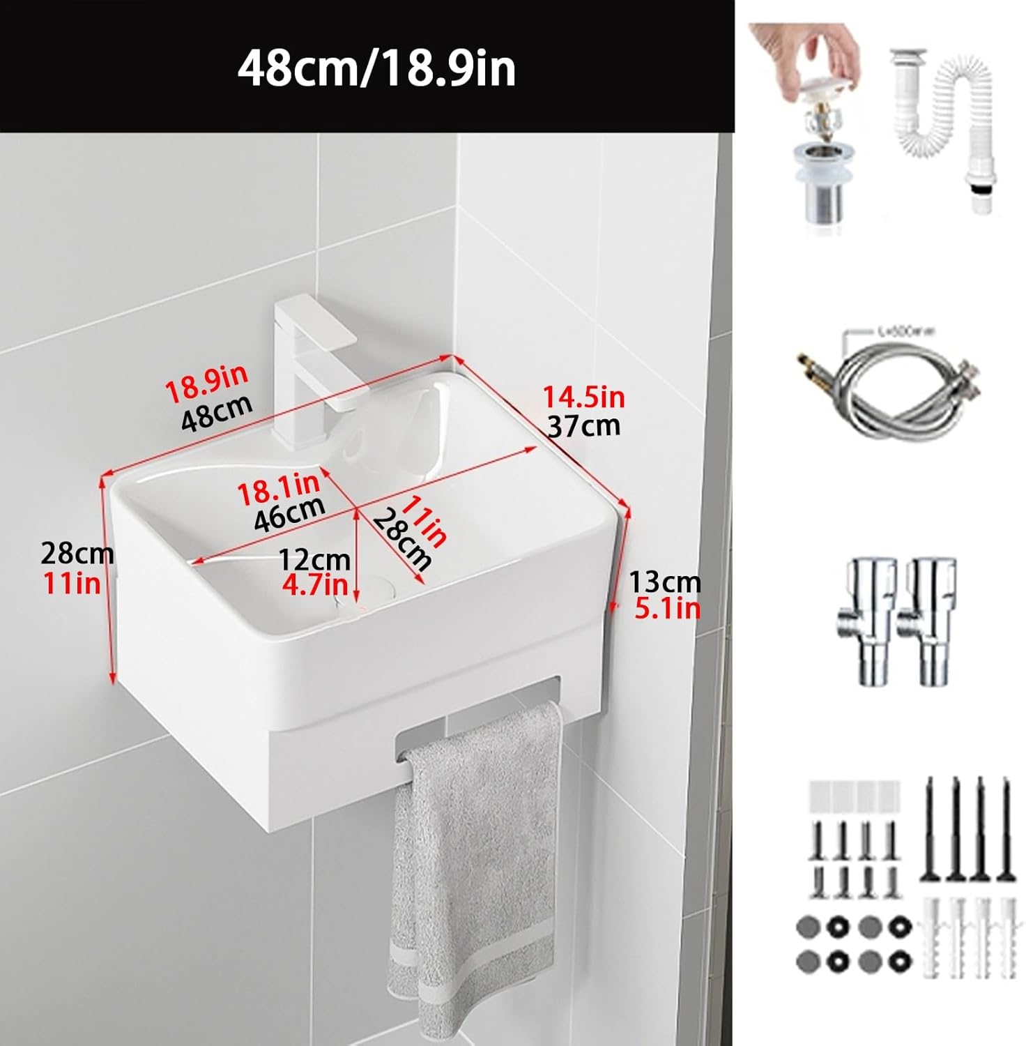 Corner Bathroom Sink, Rectangle Wash Basin Sink, Wall Mount Ceramic Sink, Corner Bathroom Vanity with Towel Bar, for Small Space Wall Mounted Floating Cabinet(48cm/18.9in)