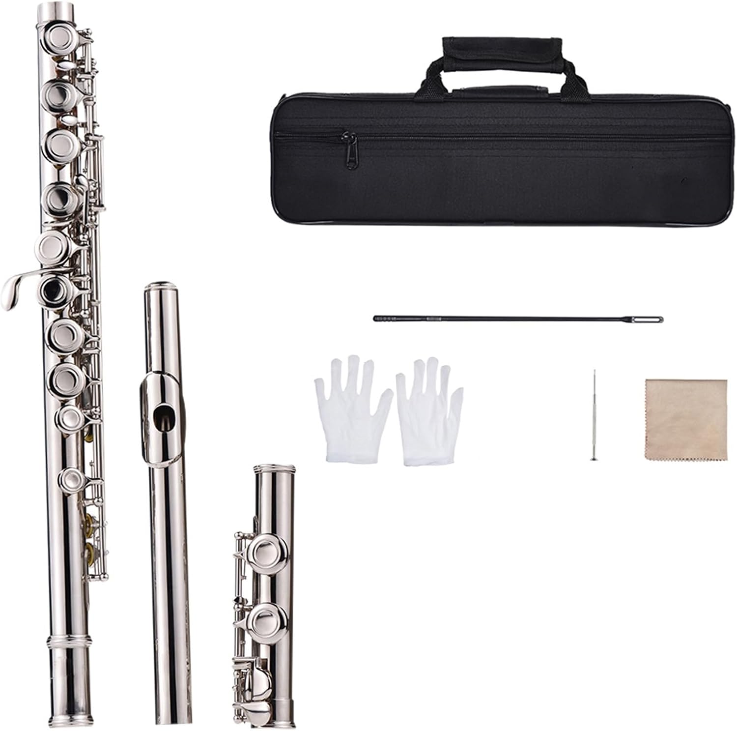 Flute Nickel-Plated Flute 16 Holes C Key White Brass Woodwind Instrument with Glove Bag Flutes Musical Instruments
