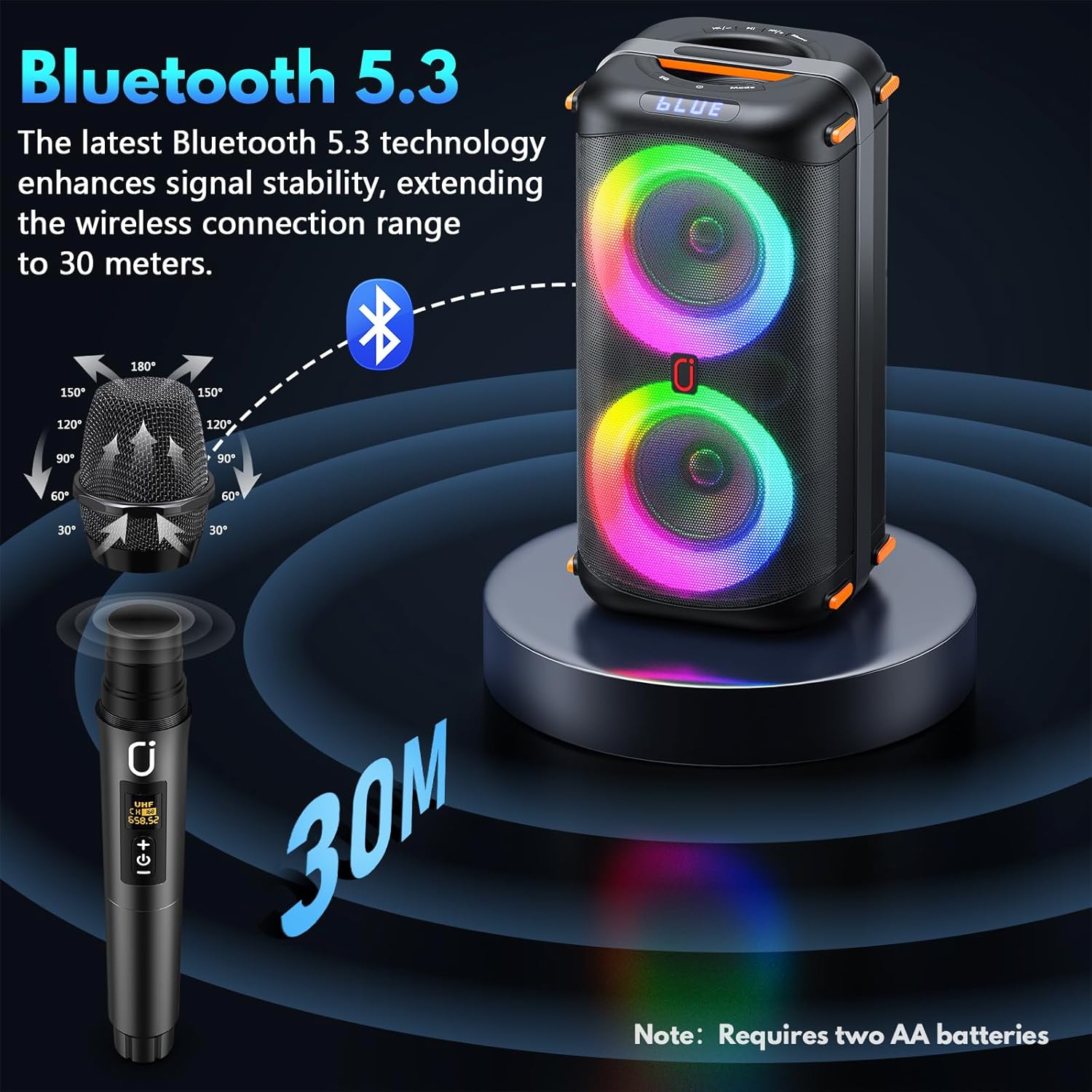 Karaoke Machine with 2 Wireless Microphones, Portable Bluetooth 5.3 Karaoke Speaker for Home Party Outdoors, PA System for Adults with Echo Adjustment/LED Lights, Support TV/USB/AUX/TF