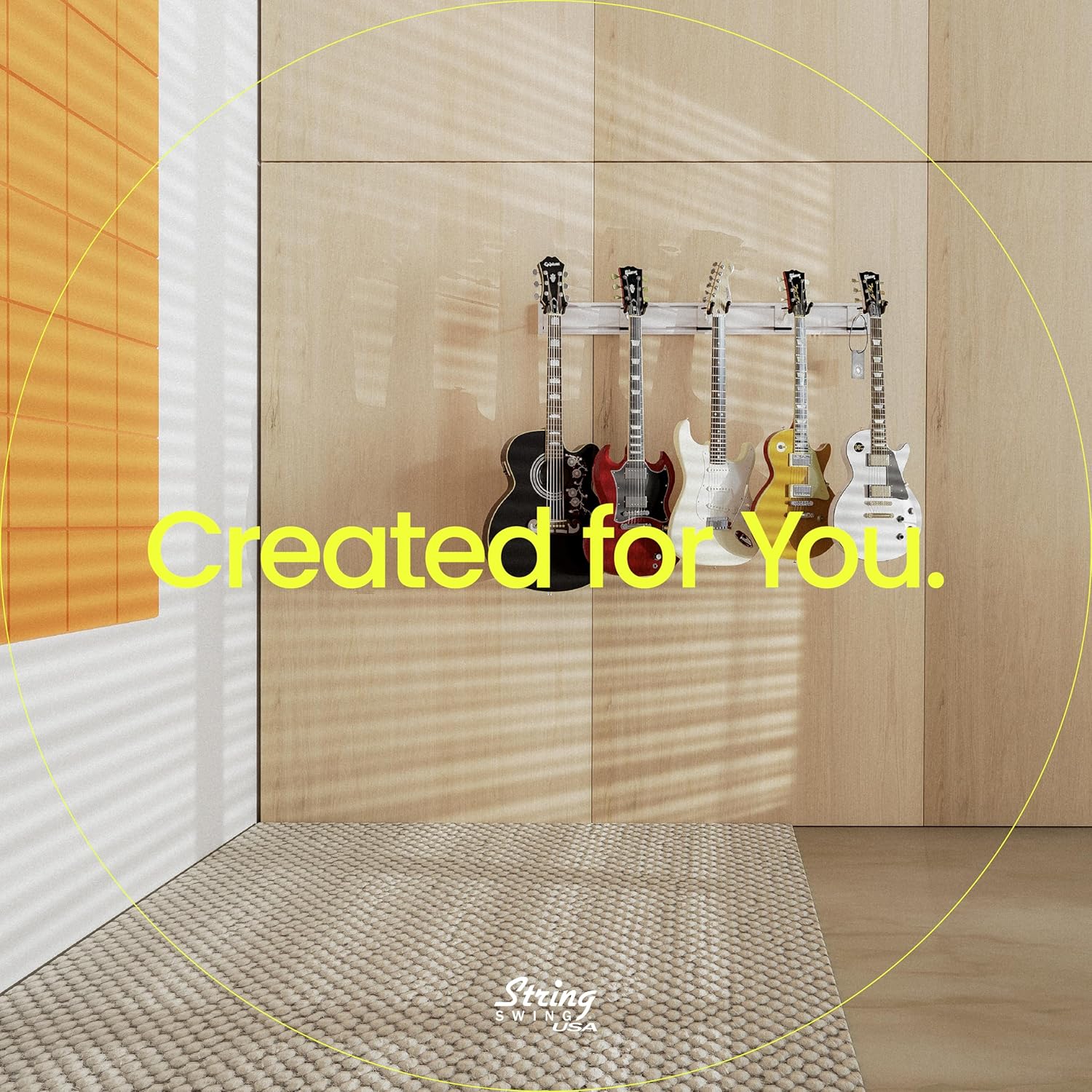 String Swing Guitar Wall Rack, Multiple Guitar Wall Mount, Guitar Organizer for Acoustic & Electric Guitars, 5 Padded Arm Hangers & White Slatwall Rail, Wall Mount Guitar Rack - MADE IN USA