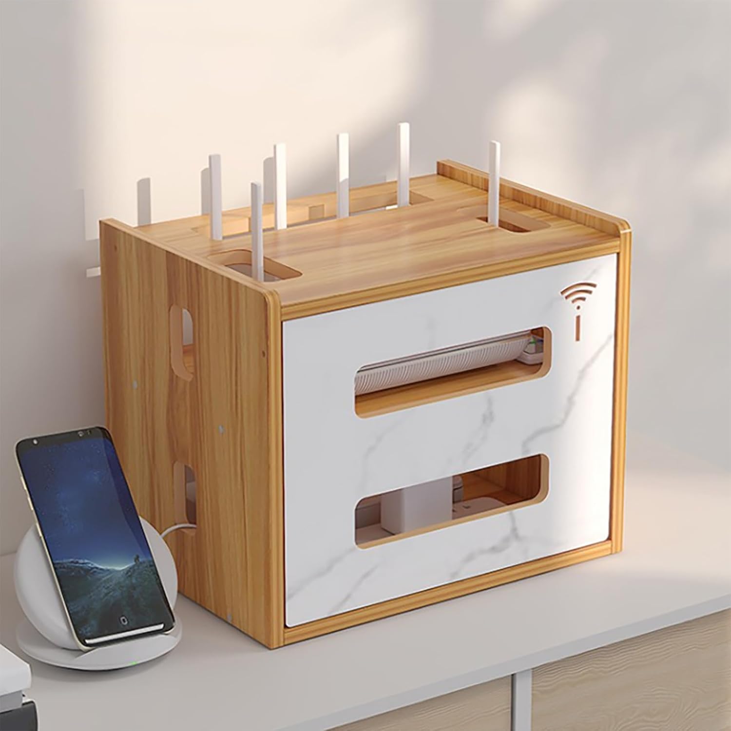 WiFi Router Hidden Box, WiFi Router Storage Cabinet, Large Space Modem Cable Organizer, Power Strip and Cable Management Hider Organizer for Home and Office(Wood Color)