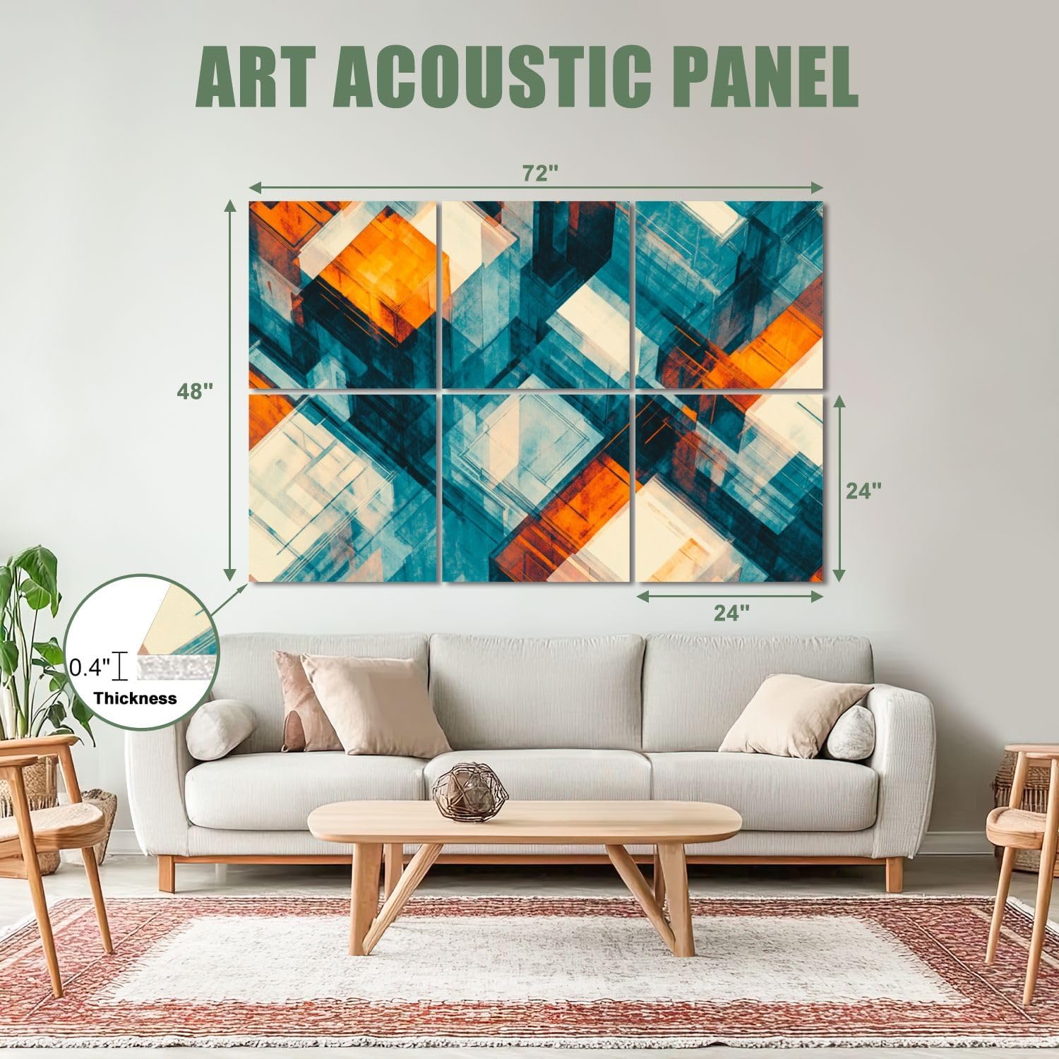 6 Pack Art Acoustic Panels Sound Absorbing Abstract Teal Overlapping Cubes Transparent Layers Bright Orange Decorative Soundproof Wall Panels Self Adhesive for Recording Studios Office 72