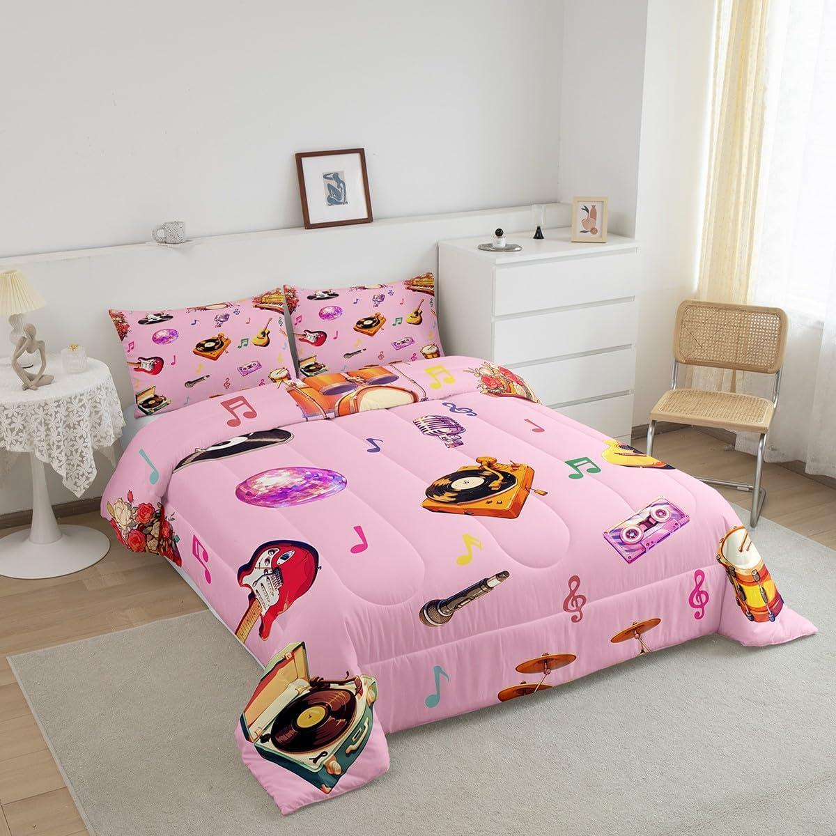 Colorful Music Notes Kids Comforter Set King Size,Guitar Bass Musical Instrument Theme Reversible Quilted Duvet with 2 Pillowcases Disco Style Phonograph Piano Pink Comforter for Boys Teens Bedroom
