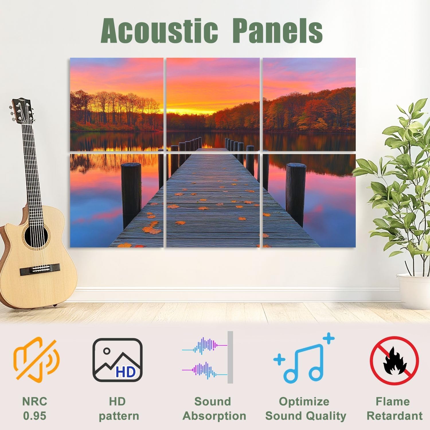 6 Pack Art Acoustic Panels Sound Absorbing Autumn Wooden Pier Leaves Calm Lake Sunset Forest Watercolor Realistic Decorative Soundproof Wall Panels Self Adhesive for Recording Studios Office 72