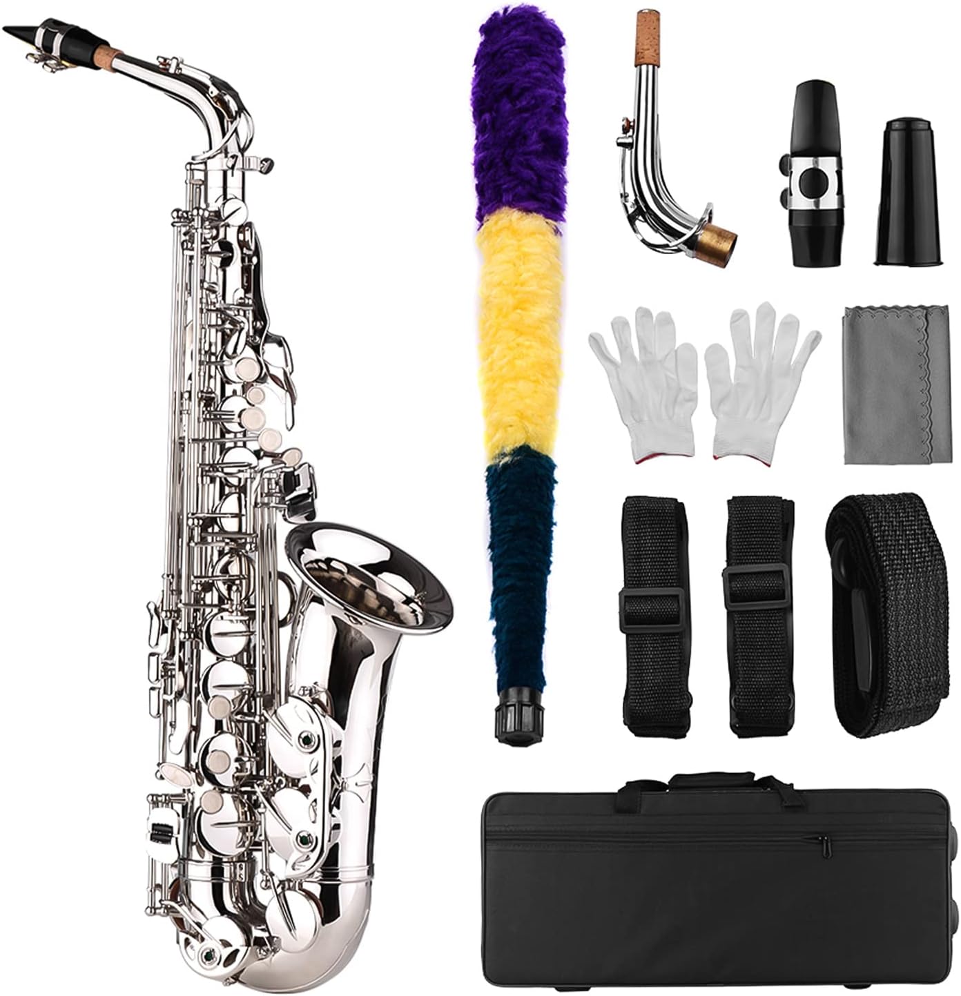 E Flat Alto Saxophone, Brass, Silver, Includes Mouthpiece, Cleaning Cloth, Brush, Gloves, Straps